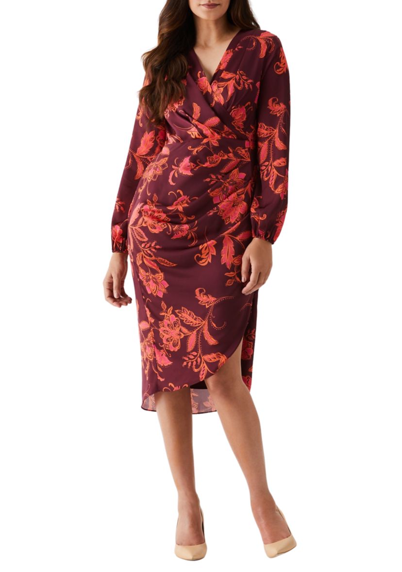 Womens Faux Wrap Long Sleeve Midi Dress