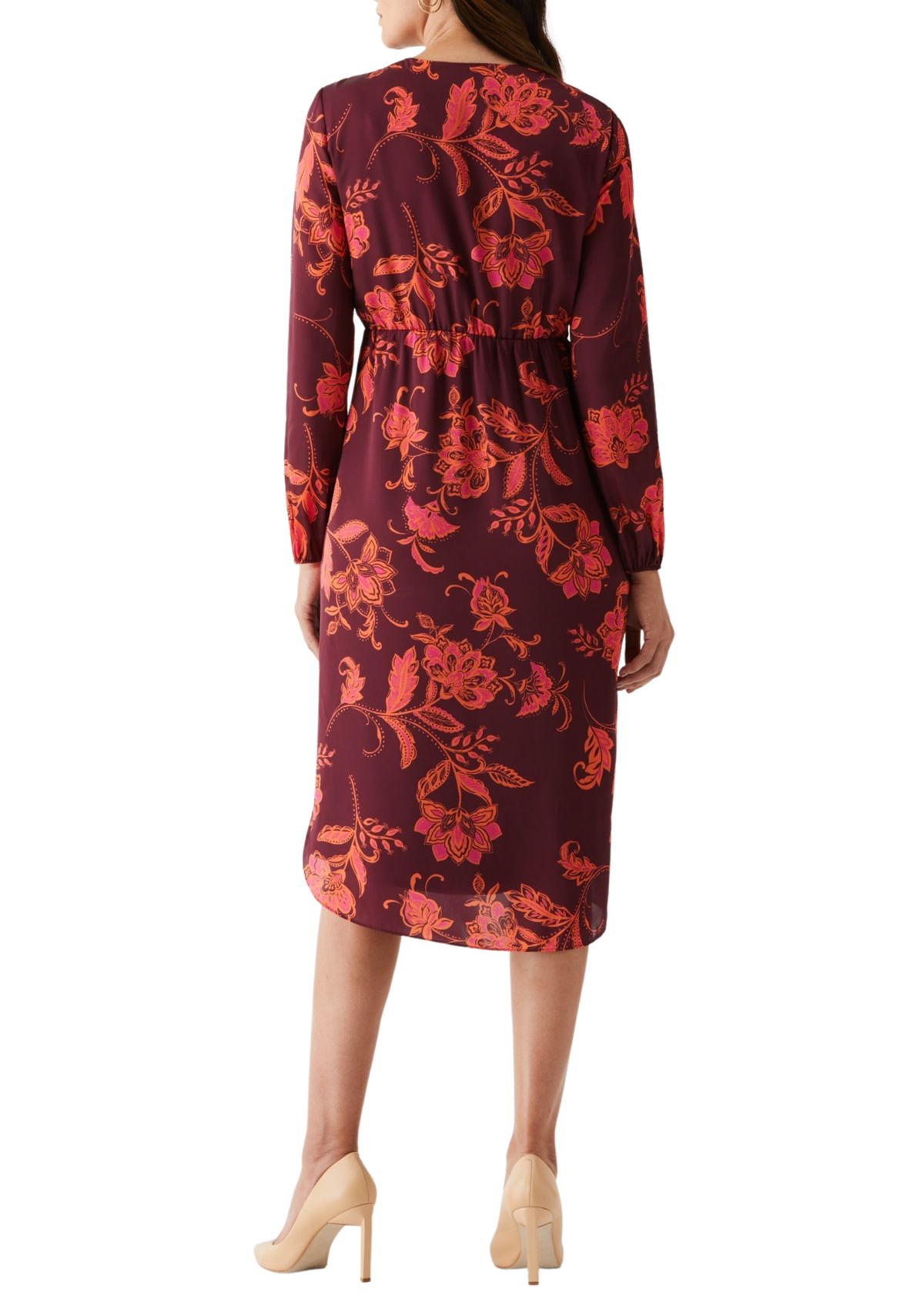 Womens Faux Wrap Long Sleeve Midi Dress