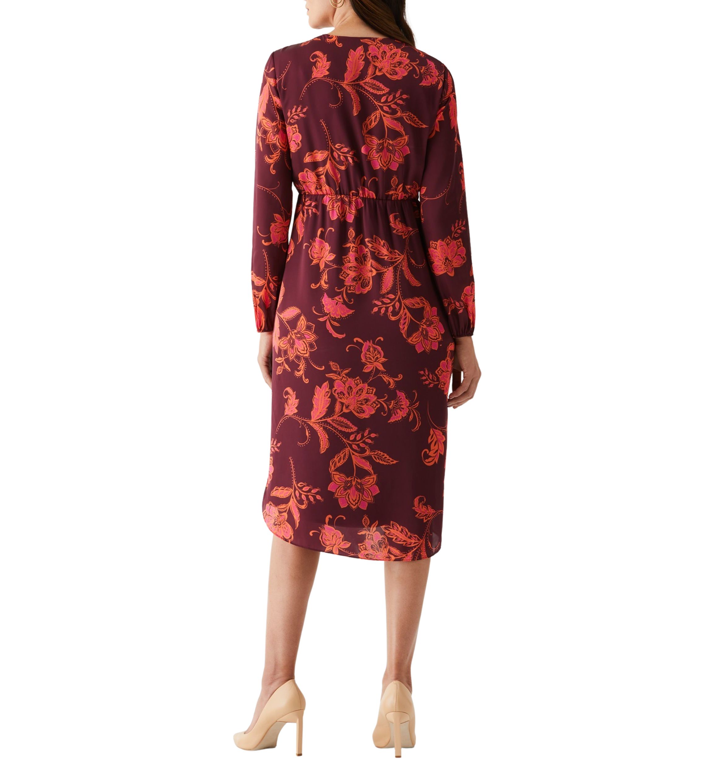 Womens Faux Wrap Long Sleeve Midi Dress