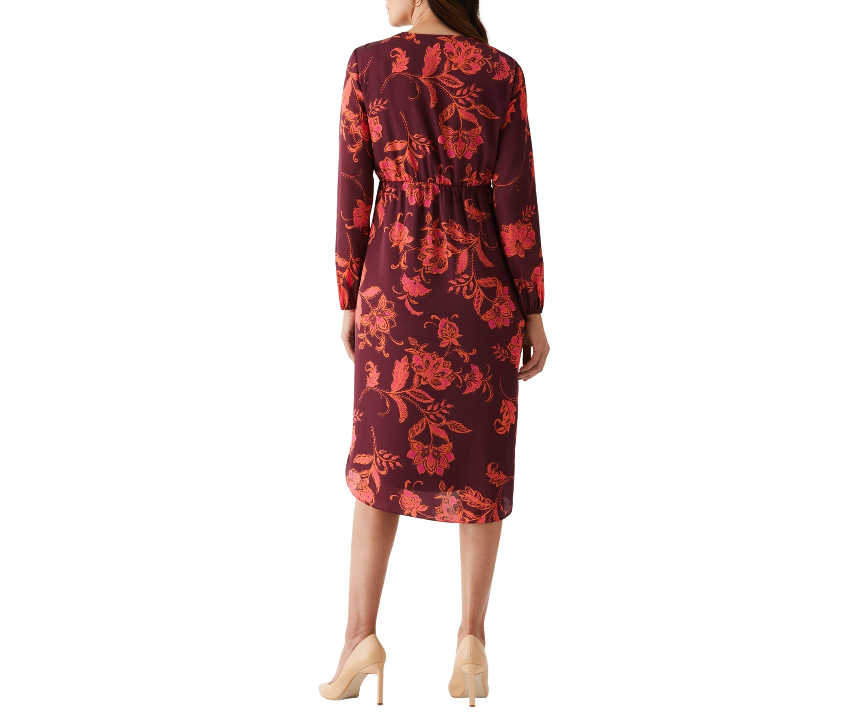 Womens Faux Wrap Long Sleeve Midi Dress