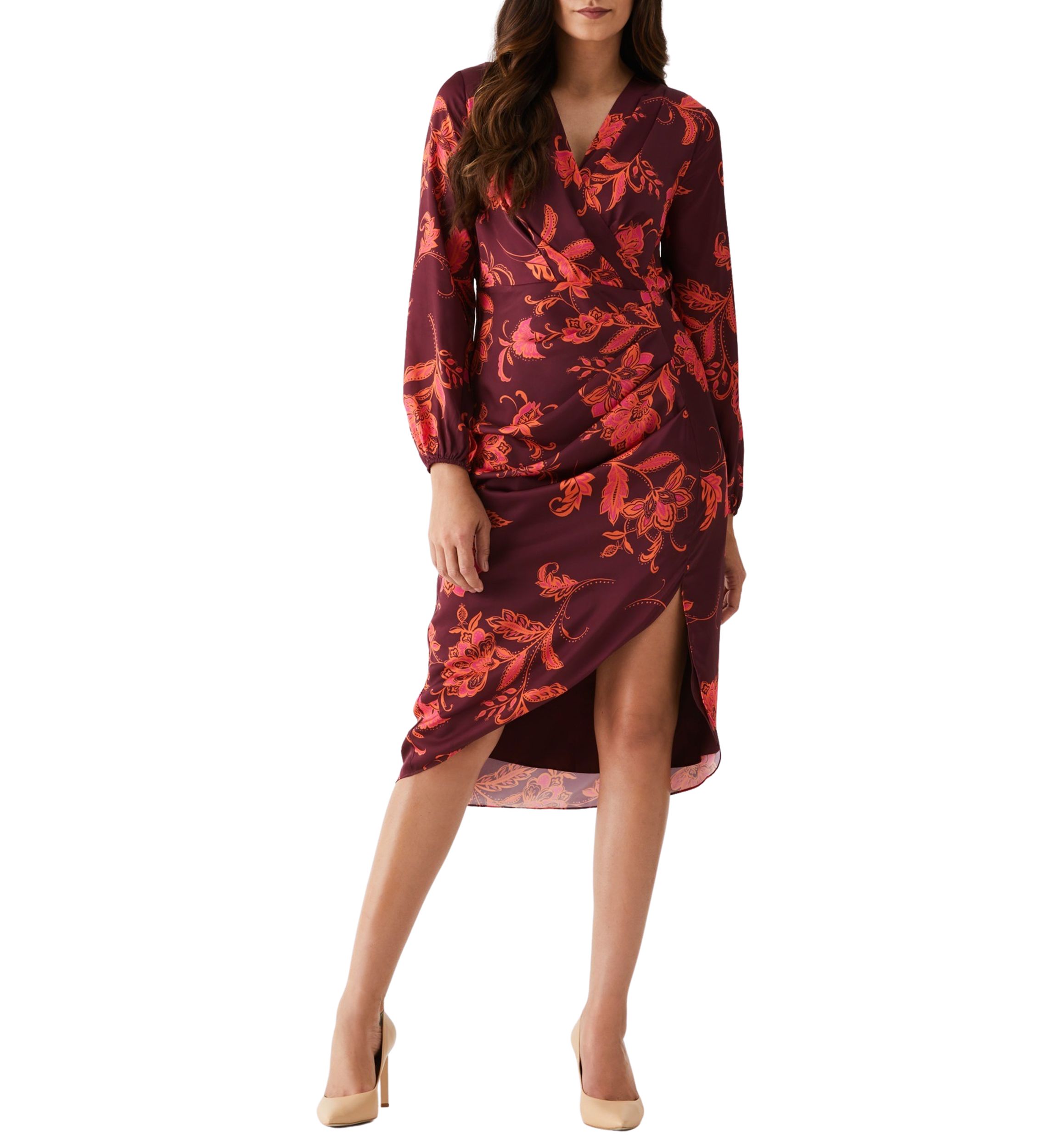 Womens Faux Wrap Long Sleeve Midi Dress