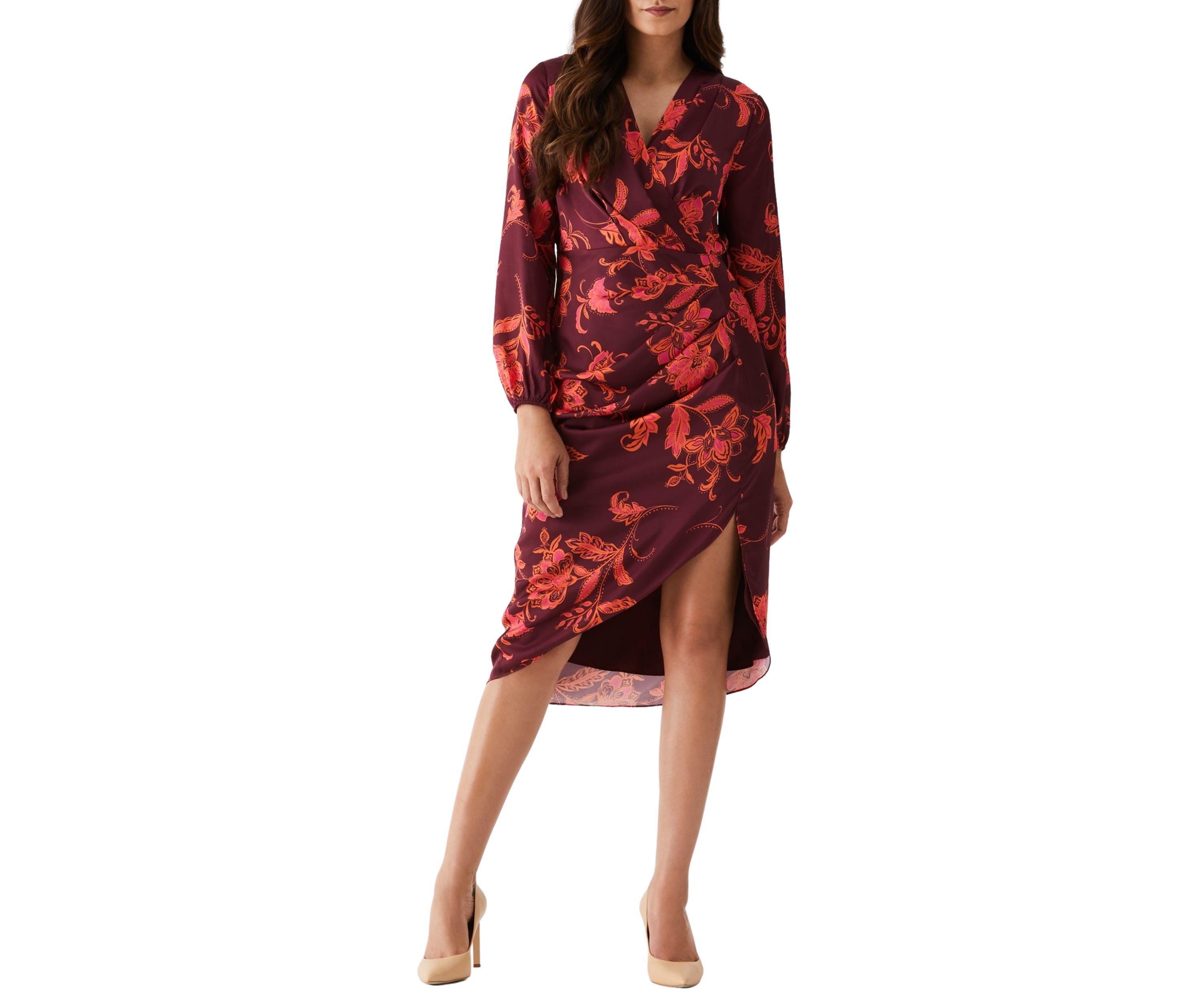 Womens Faux Wrap Long Sleeve Midi Dress