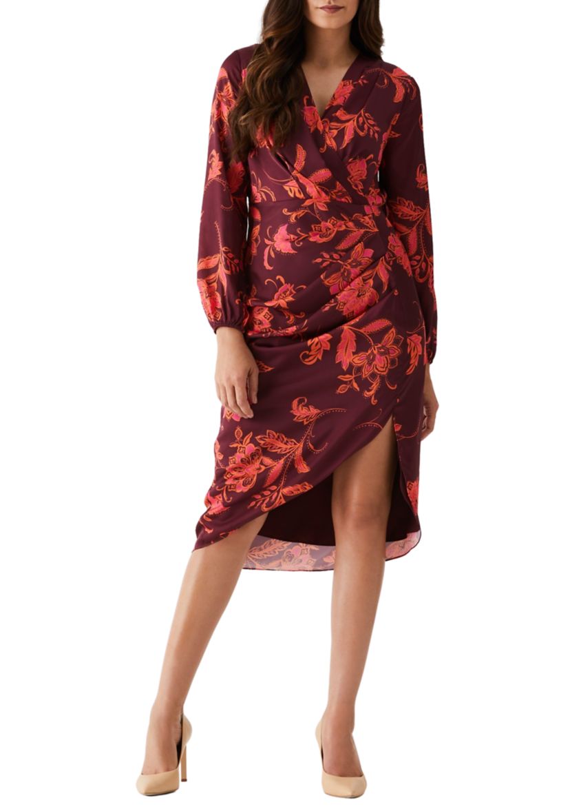 Womens Faux Wrap Long Sleeve Midi Dress