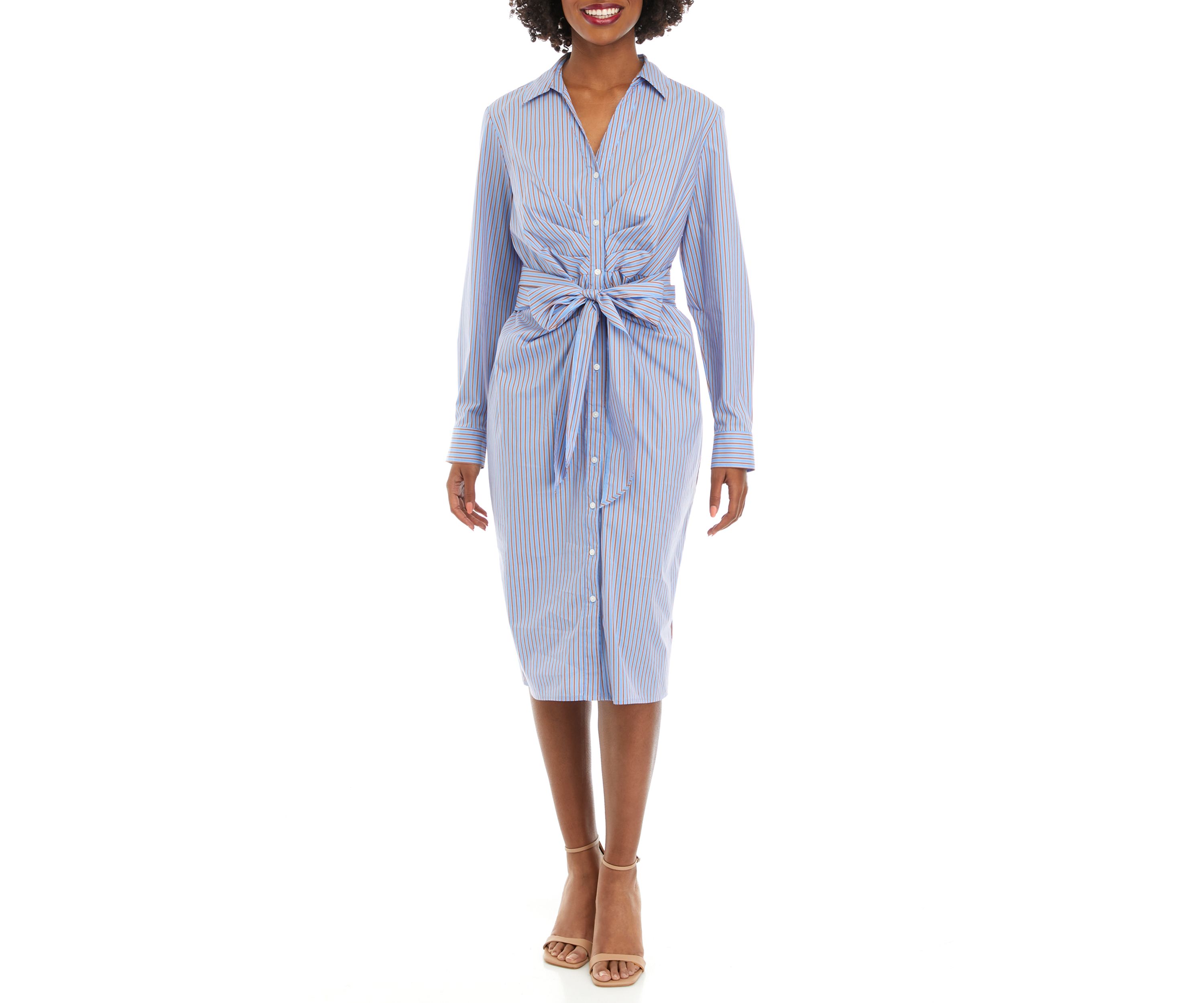 Womens Striped Tied Long Sleeve Shirtdress