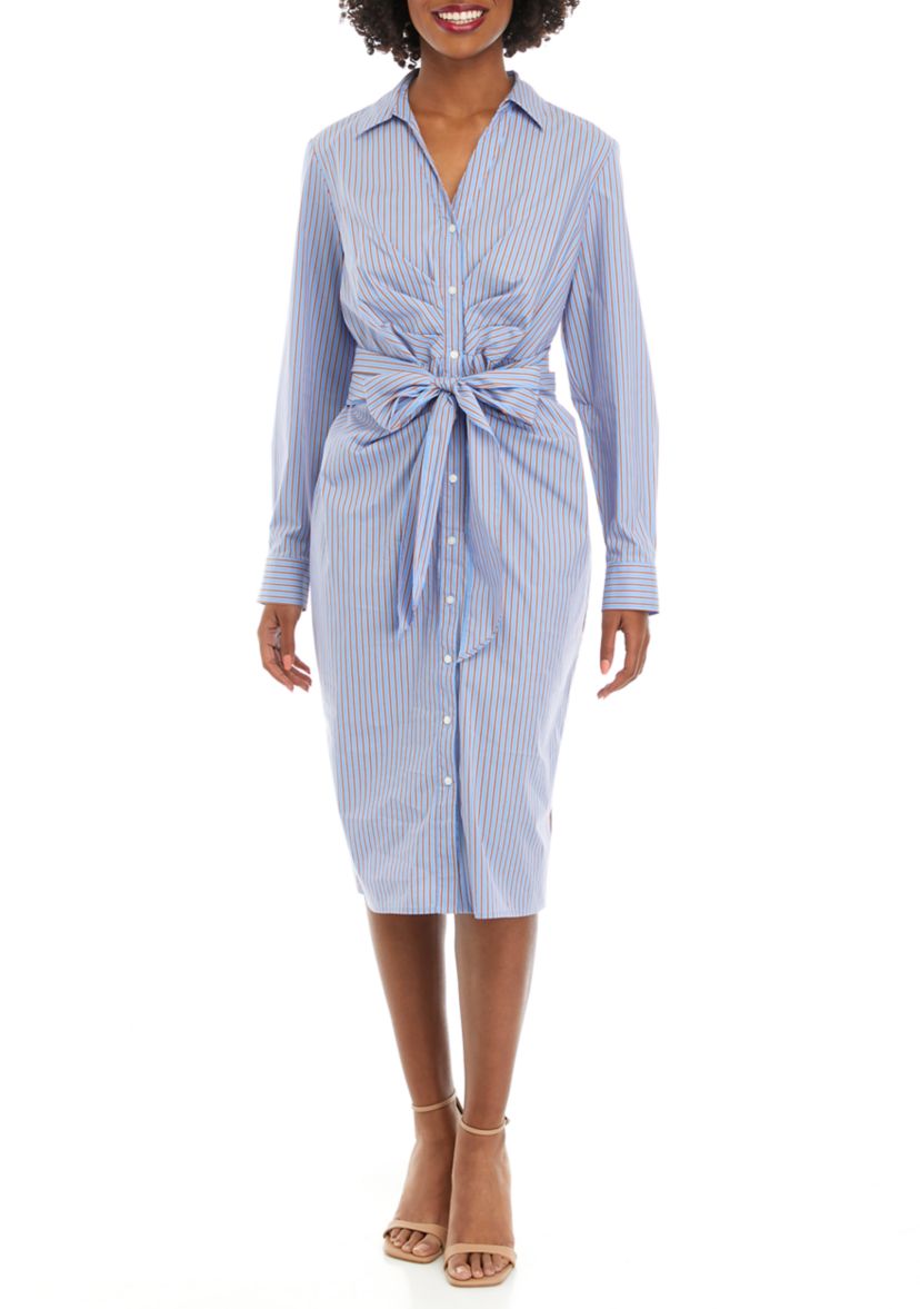 Womens Striped Tied Long Sleeve Shirtdress