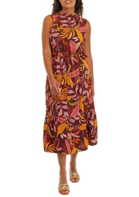 ELLA Rafaella Women's Leaf Print Belted Sleeveless Dress