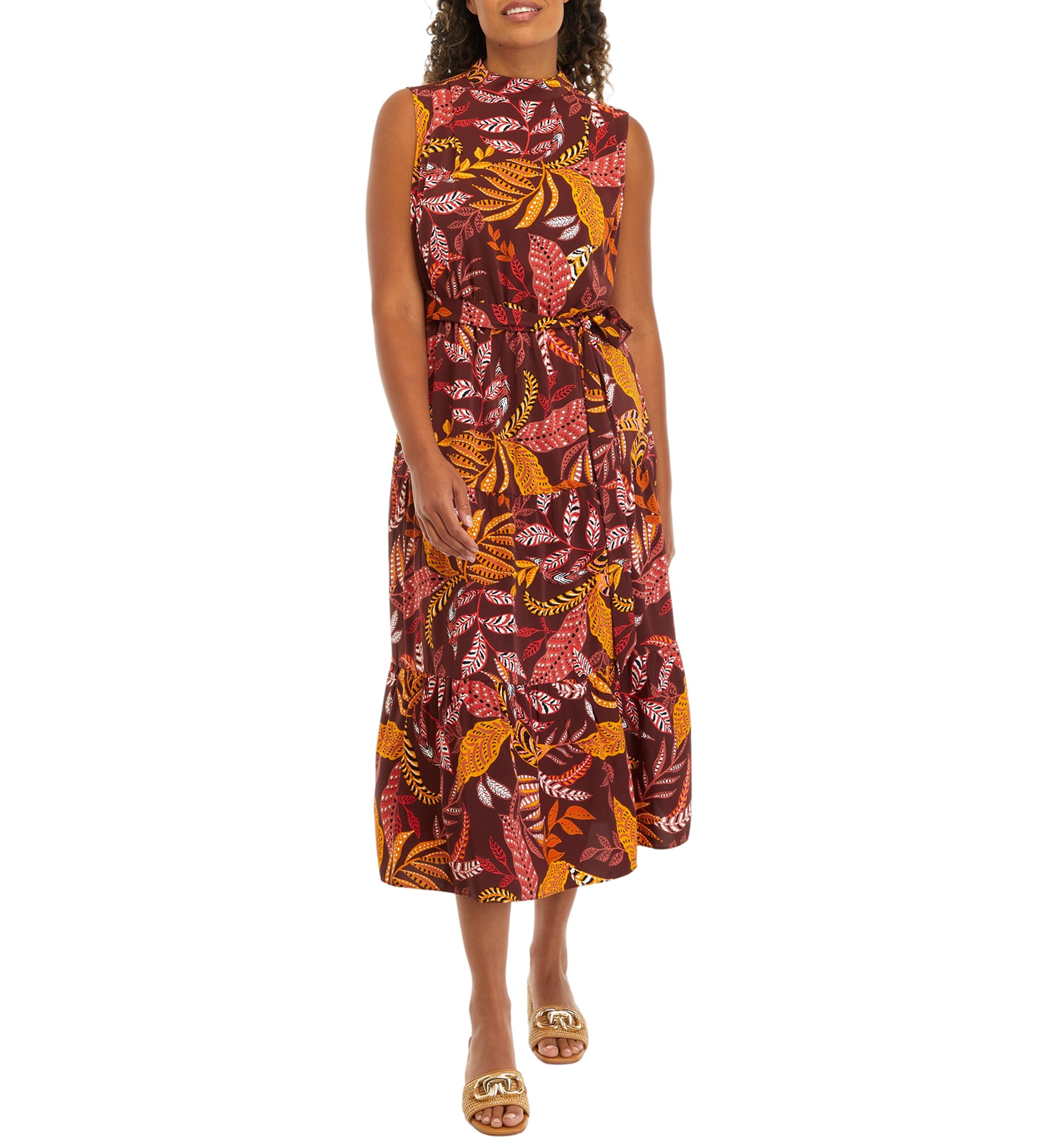 Womens Leaf Print Belted Sleeveless Dress