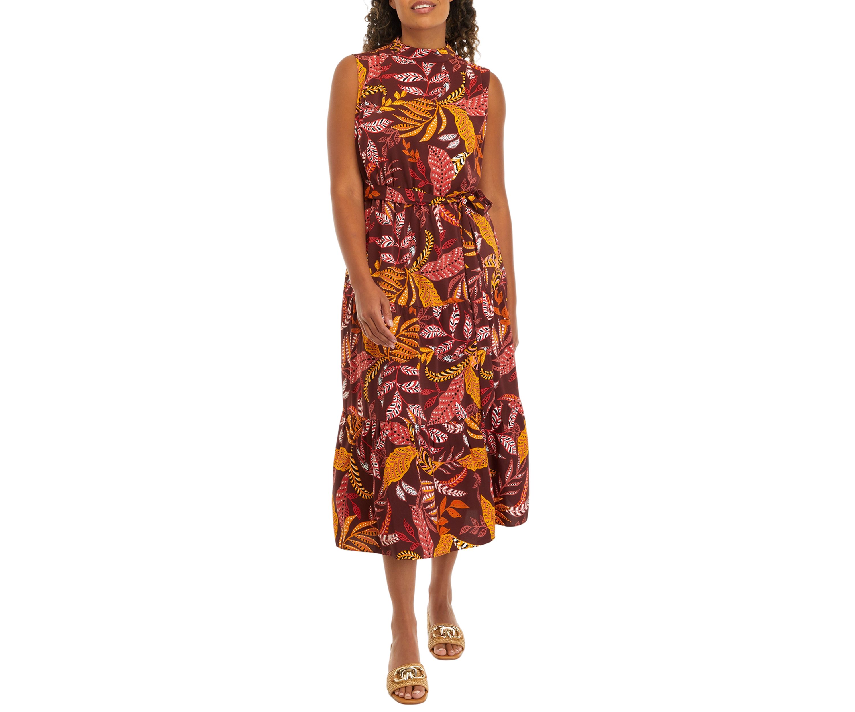 Womens Leaf Print Belted Sleeveless Dress