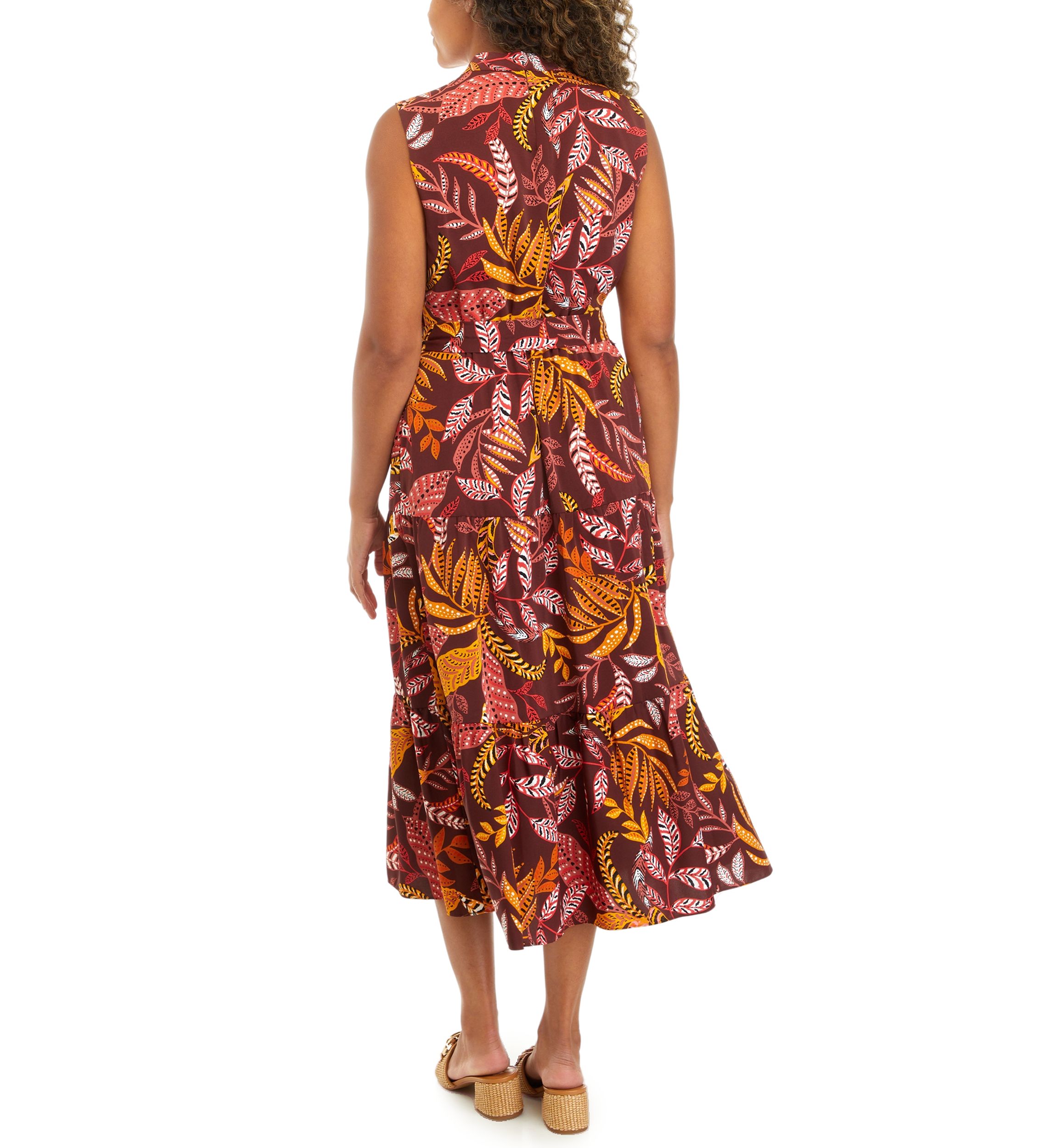 Womens Leaf Print Belted Sleeveless Dress