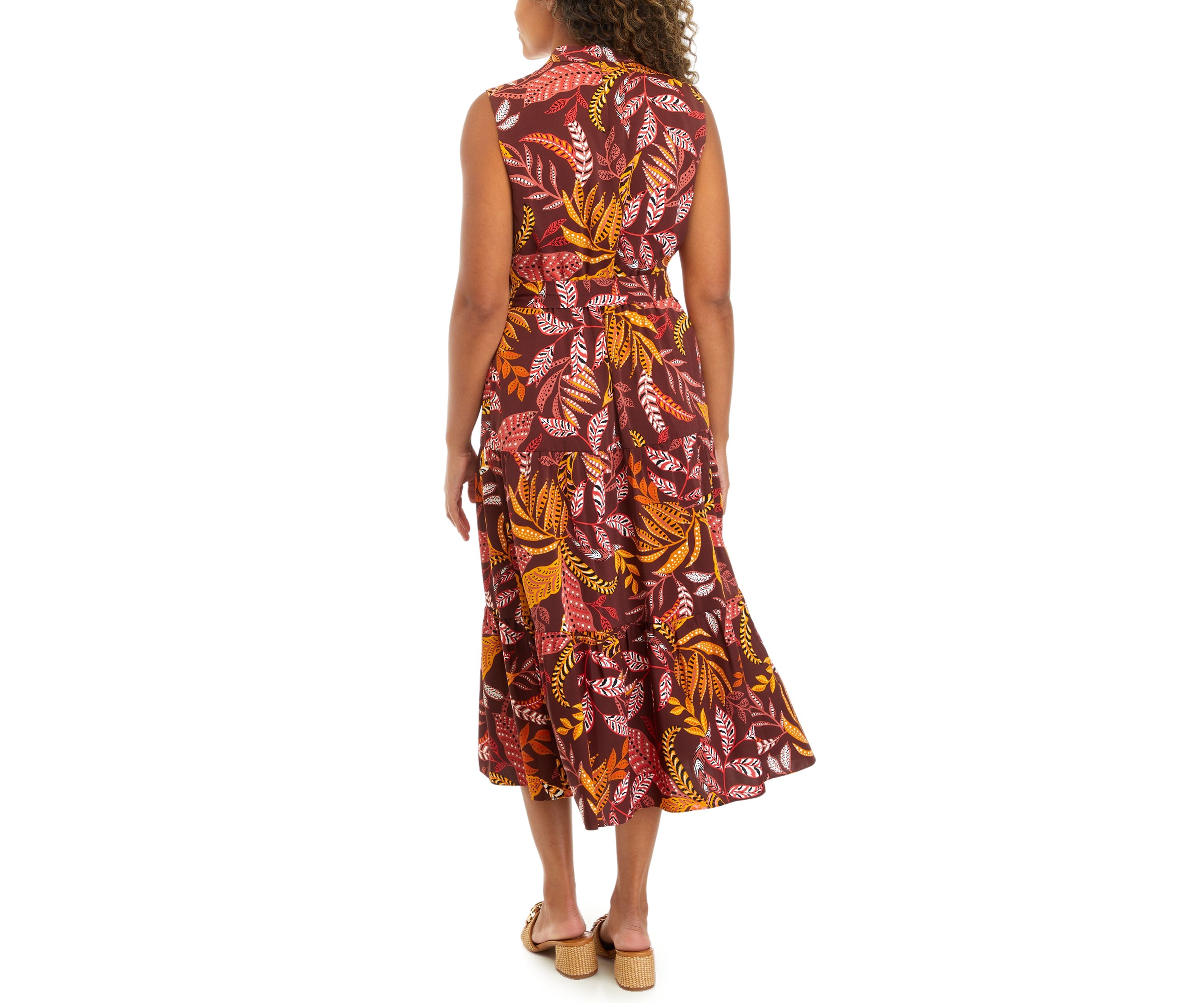 Womens Leaf Print Belted Sleeveless Dress