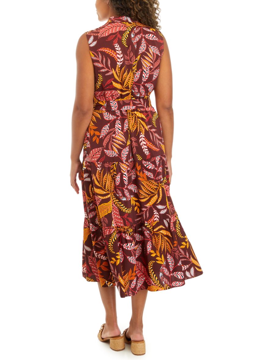 Womens Leaf Print Belted Sleeveless Dress