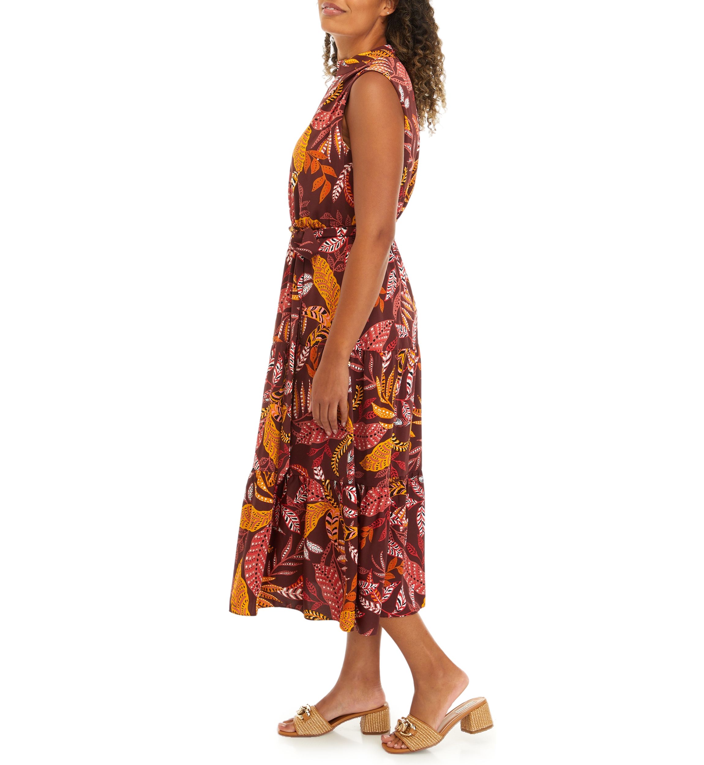 Womens Leaf Print Belted Sleeveless Dress