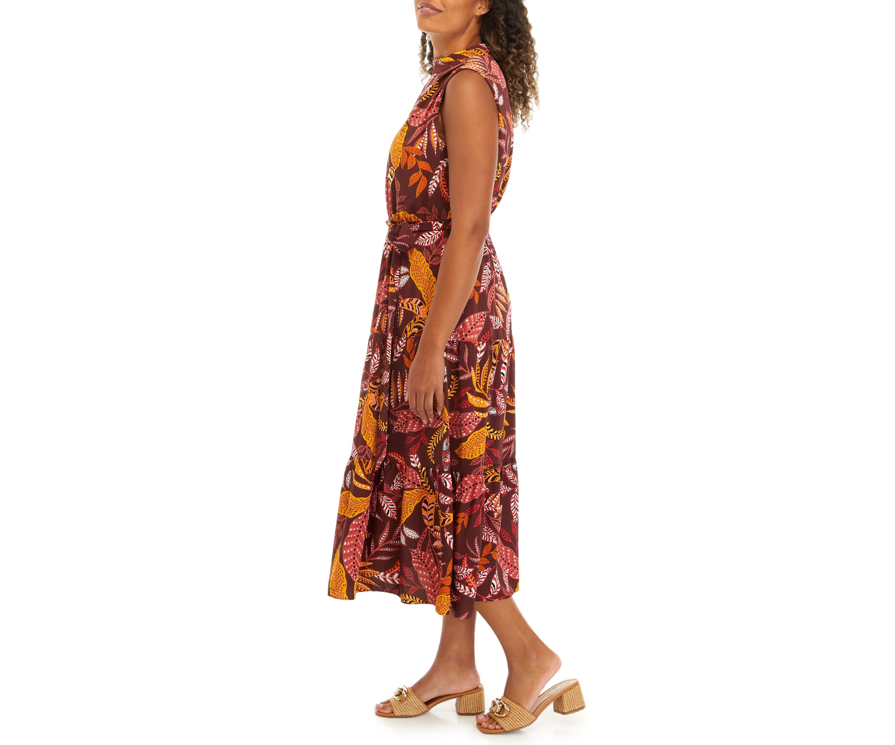 Womens Leaf Print Belted Sleeveless Dress