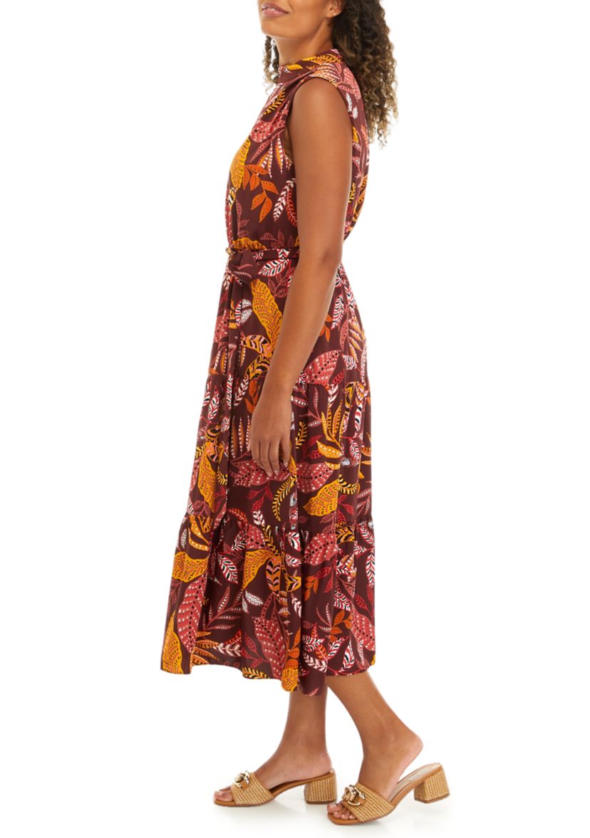 Womens Leaf Print Belted Sleeveless Dress