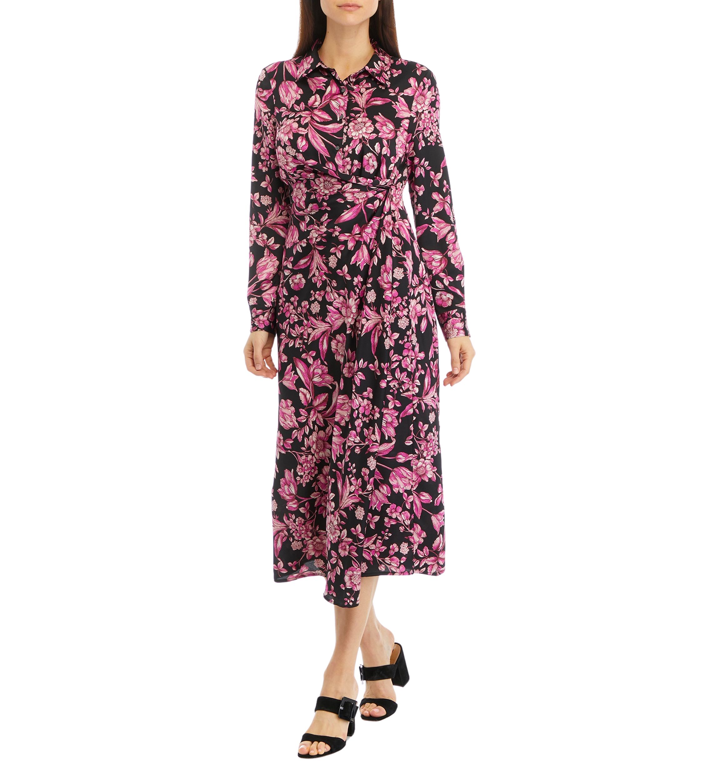 Womens Floral Print Gathered Popover Long Sleeve Midi Dress
