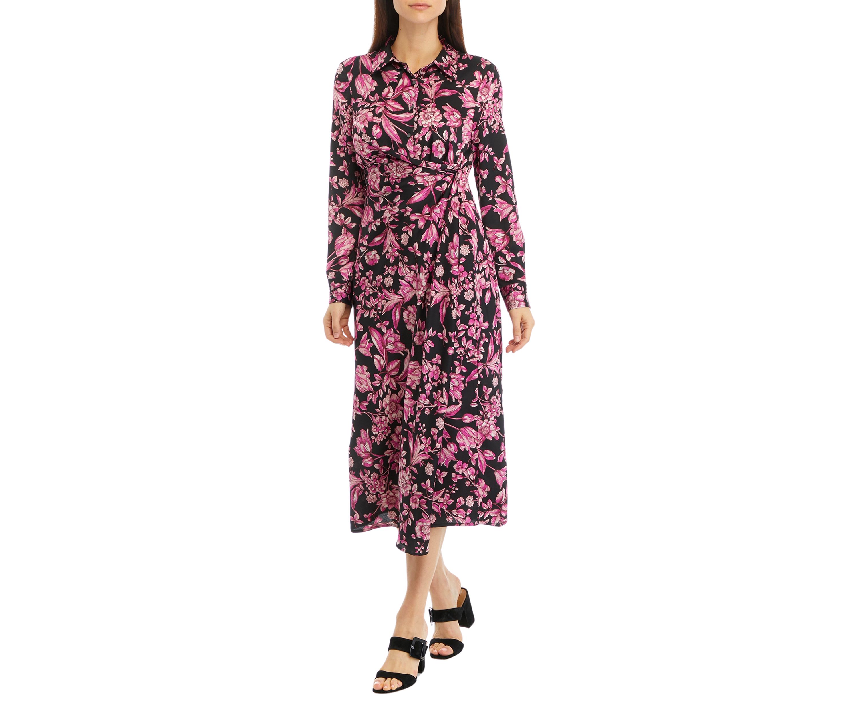 Womens Floral Print Gathered Popover Long Sleeve Midi Dress