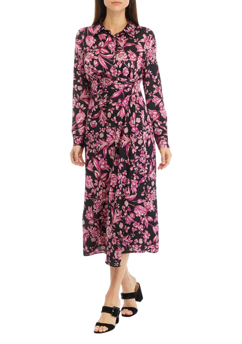 Womens Floral Print Gathered Popover Long Sleeve Midi Dress