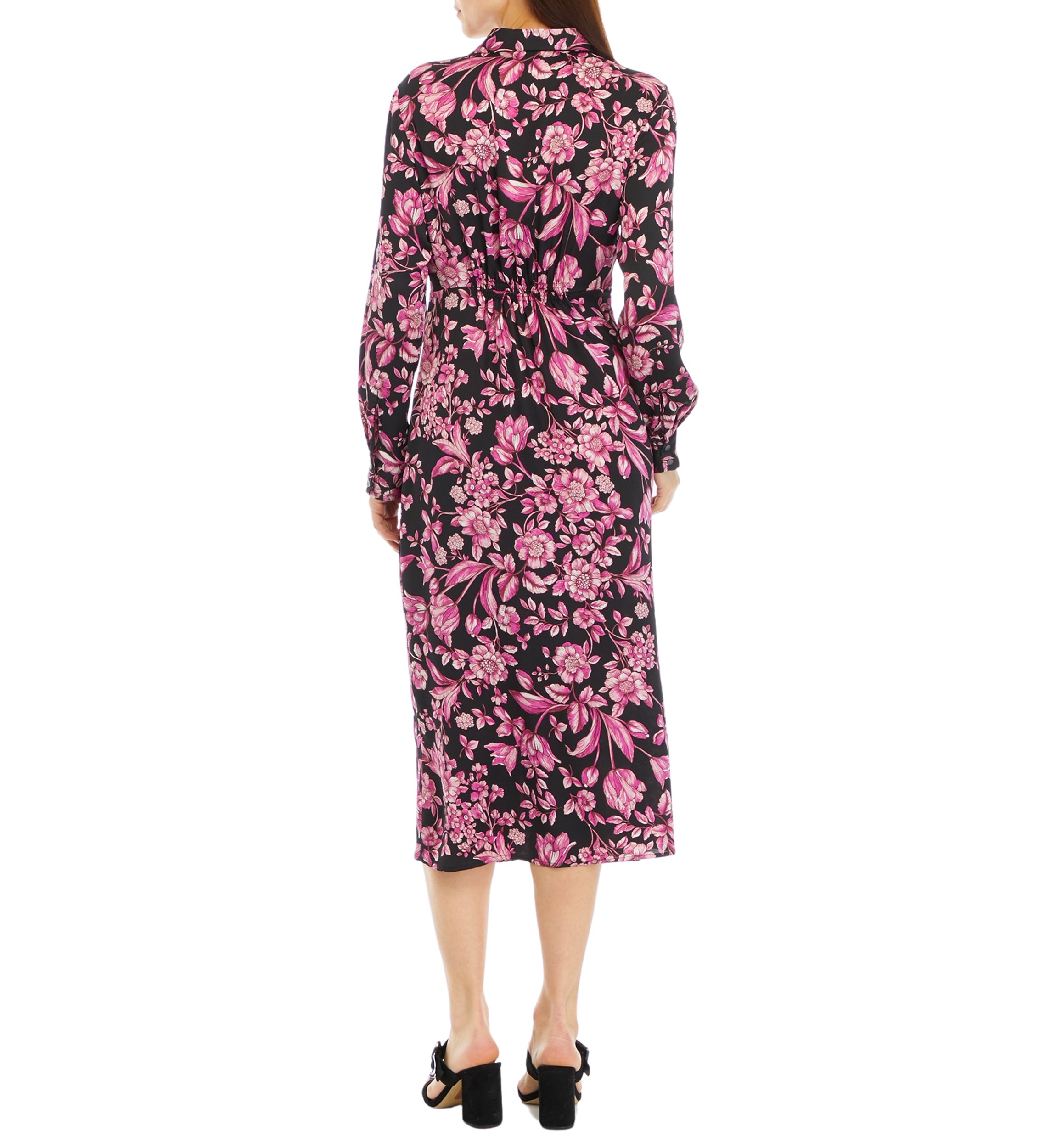 Womens Floral Print Gathered Popover Long Sleeve Midi Dress