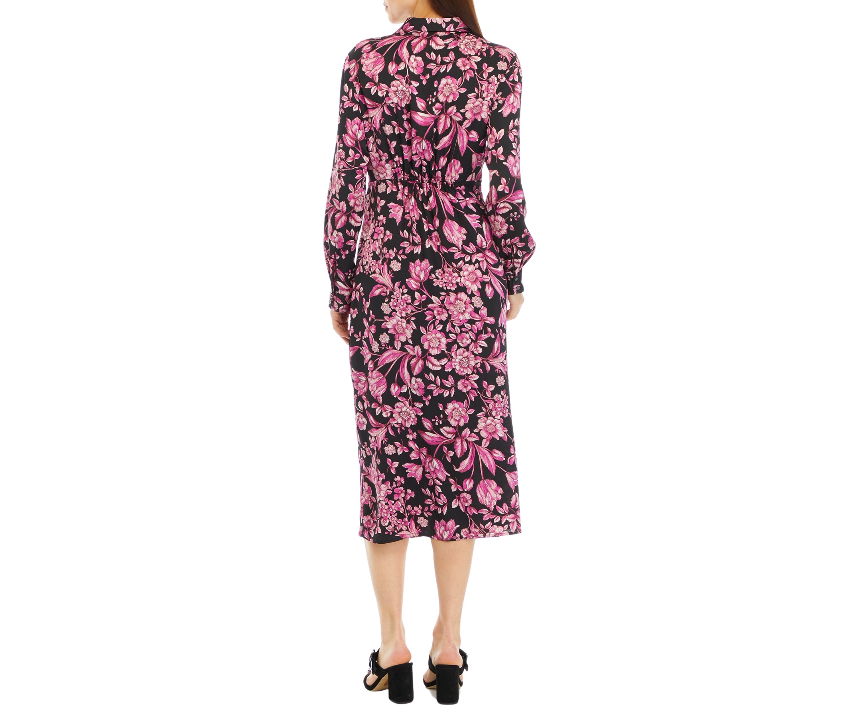 Womens Floral Print Gathered Popover Long Sleeve Midi Dress