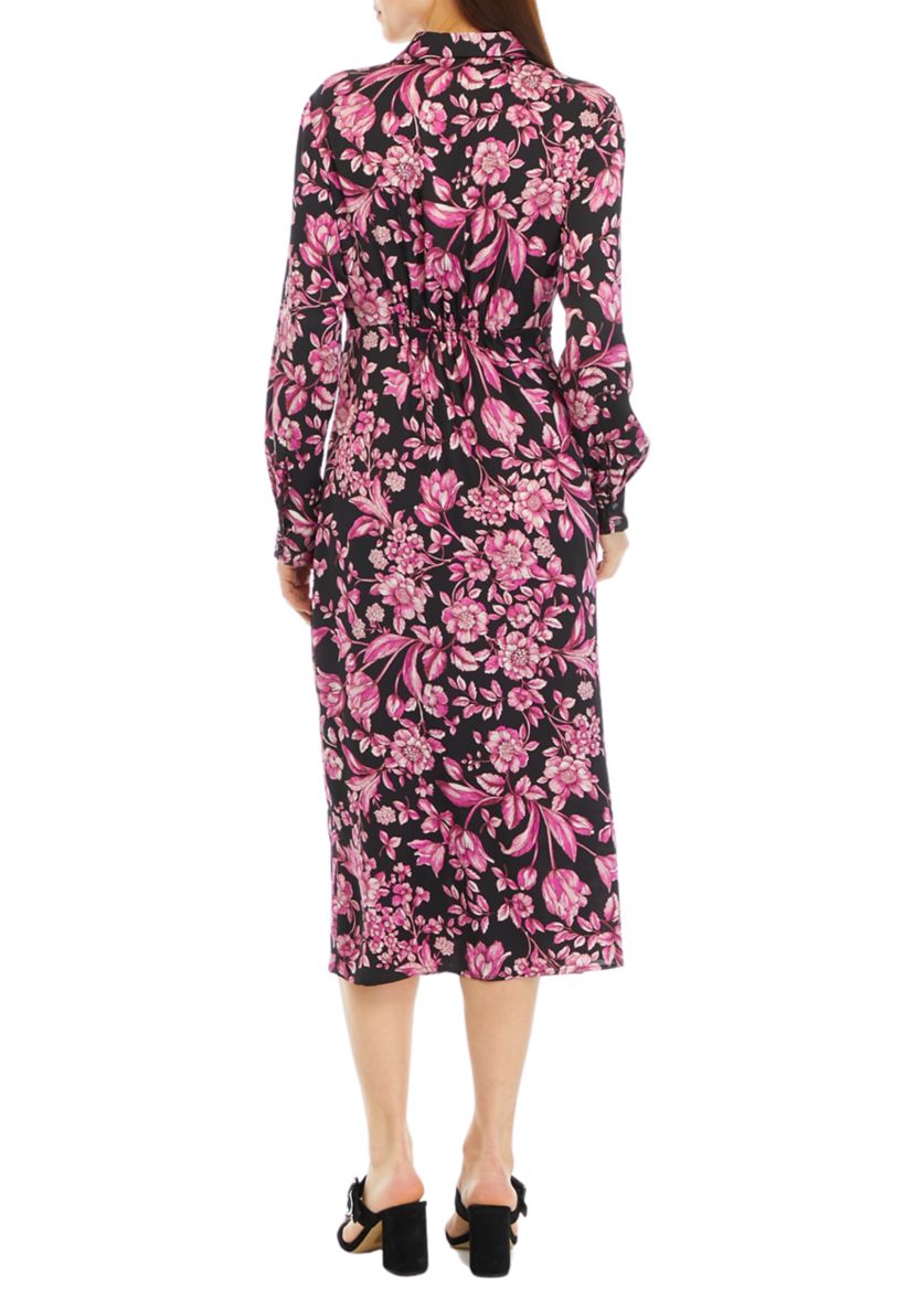 Womens Floral Print Gathered Popover Long Sleeve Midi Dress