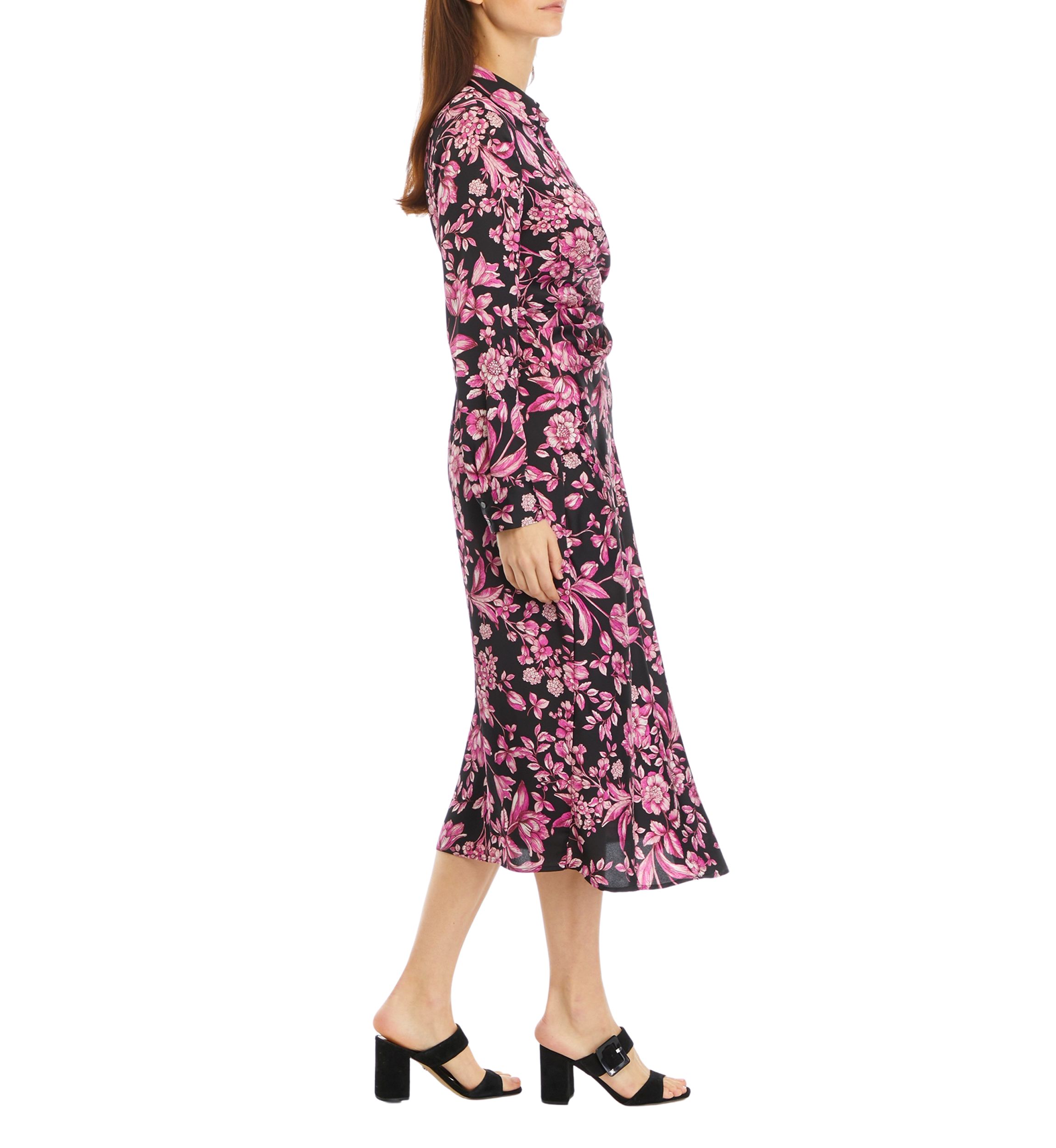 Womens Floral Print Gathered Popover Long Sleeve Midi Dress