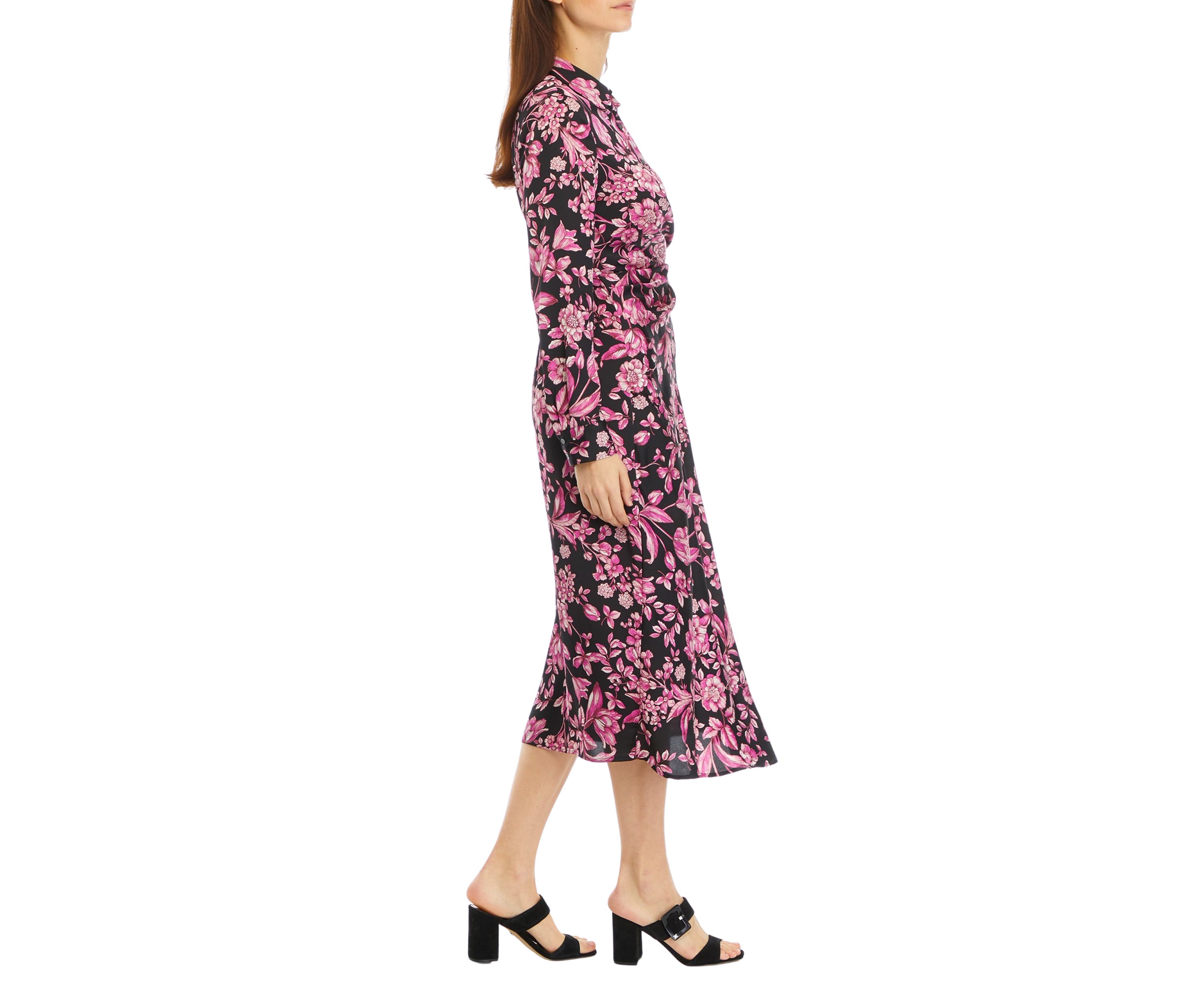 Womens Floral Print Gathered Popover Long Sleeve Midi Dress