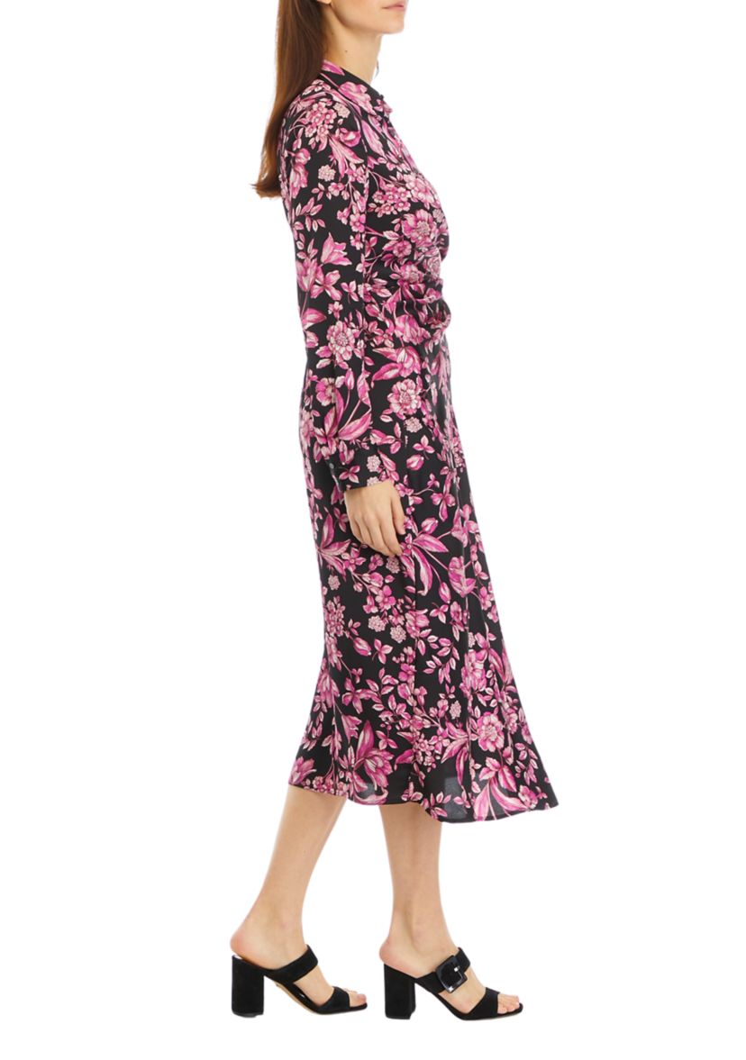 Womens Floral Print Gathered Popover Long Sleeve Midi Dress
