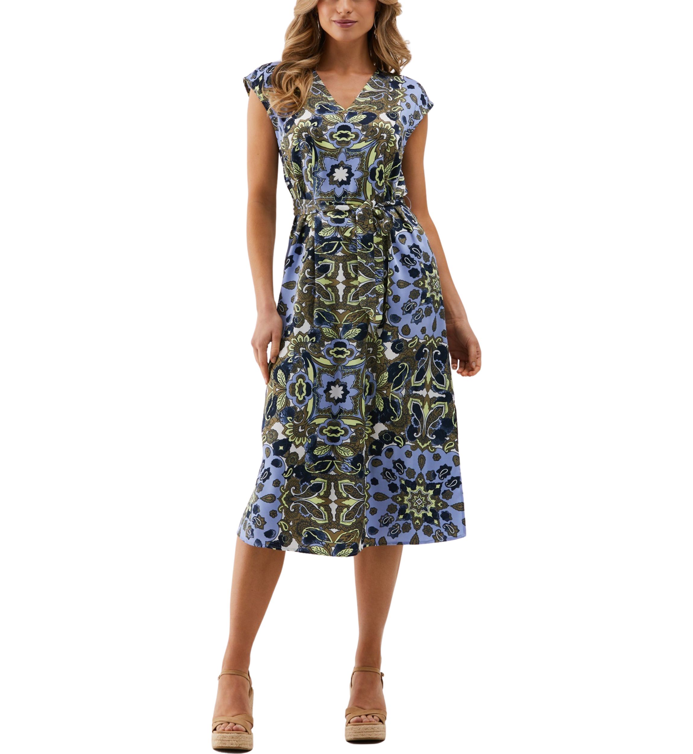 Womens Scarf Print Self Tie Sleeveless Dress