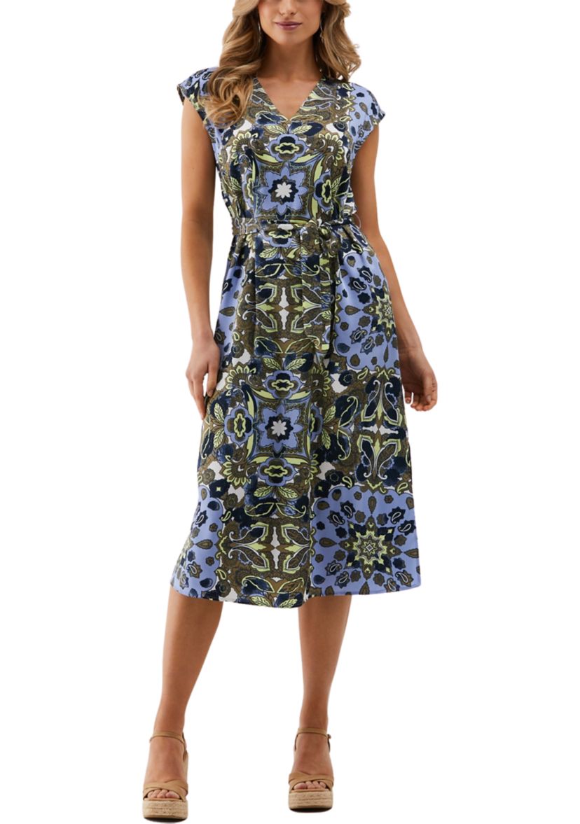 Womens Scarf Print Self Tie Sleeveless Dress