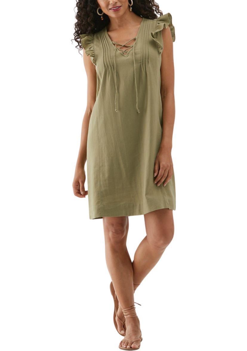 Womens Linen Blend Pintuck Sleeveless Dress