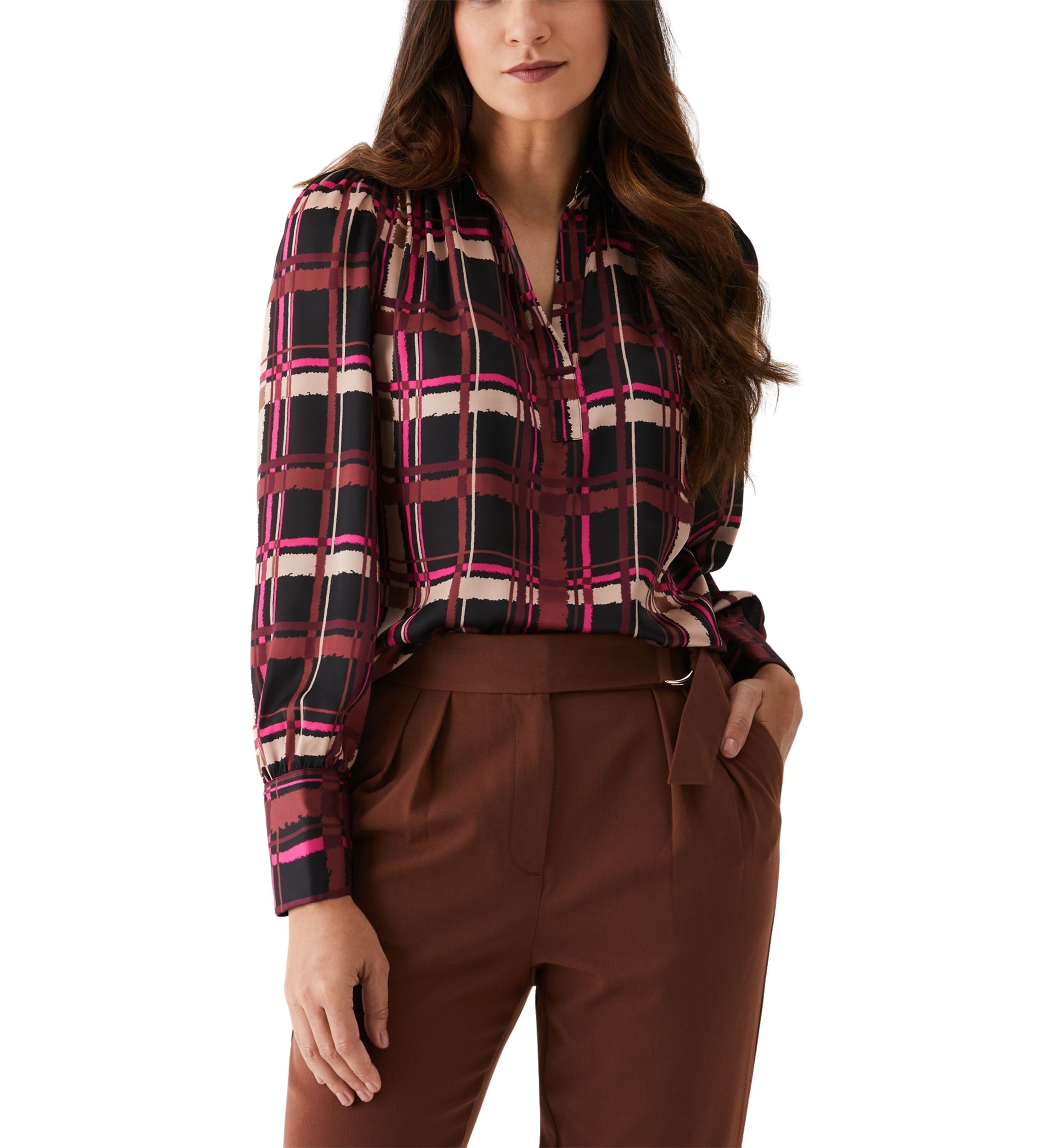 Womens Plaid Shirred Split Neck Long Sleeve Blouse