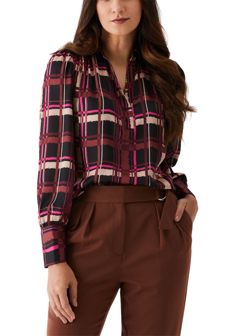 Womens Plaid Shirred Split Neck Long Sleeve Blouse