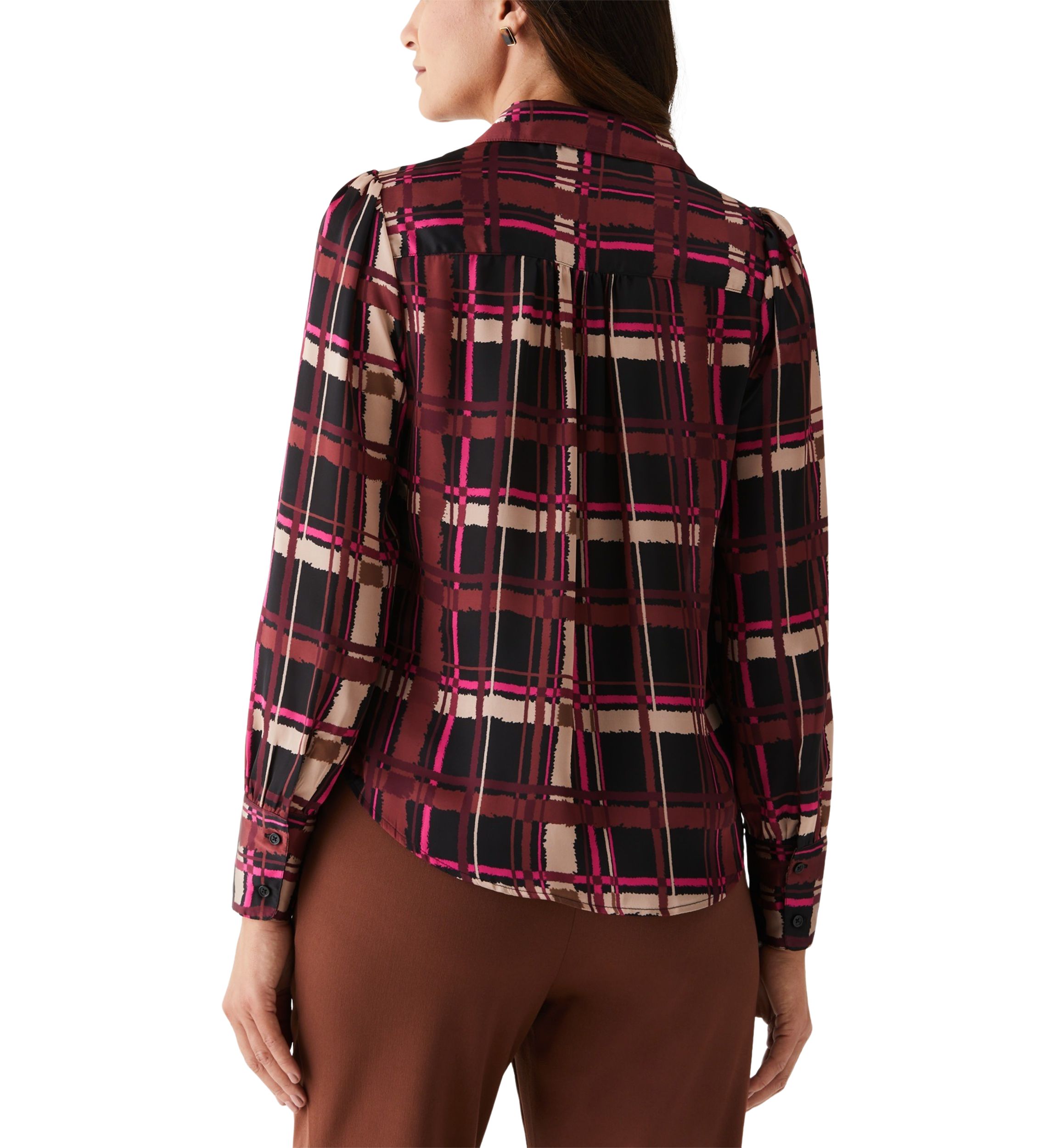Womens Plaid Shirred Split Neck Long Sleeve Blouse