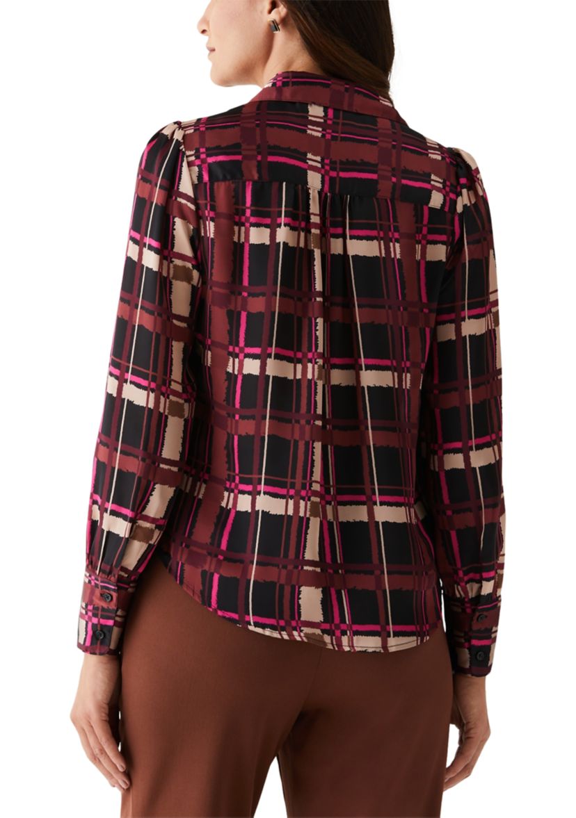 Womens Plaid Shirred Split Neck Long Sleeve Blouse