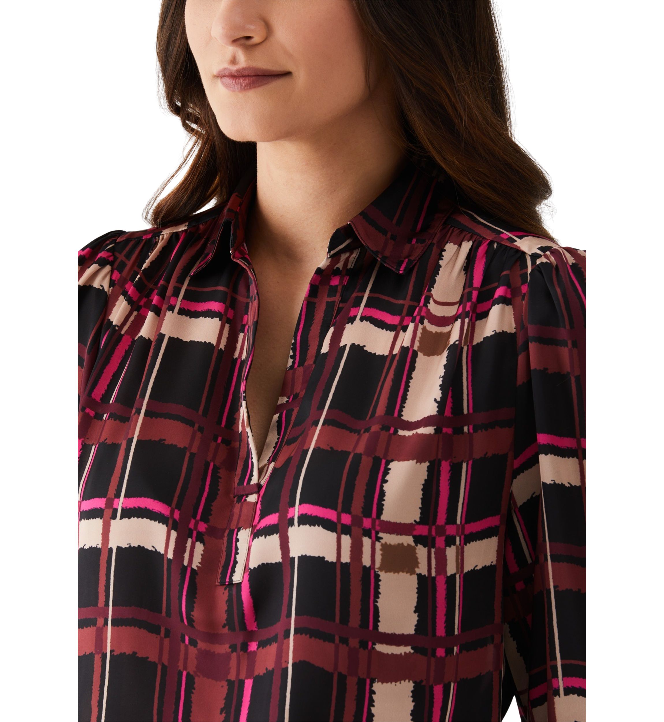 Womens Plaid Shirred Split Neck Long Sleeve Blouse