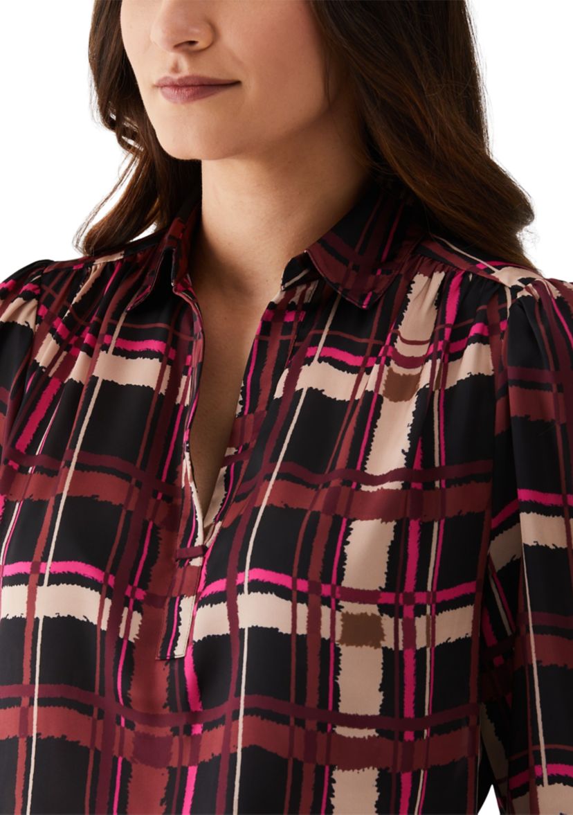 Womens Plaid Shirred Split Neck Long Sleeve Blouse