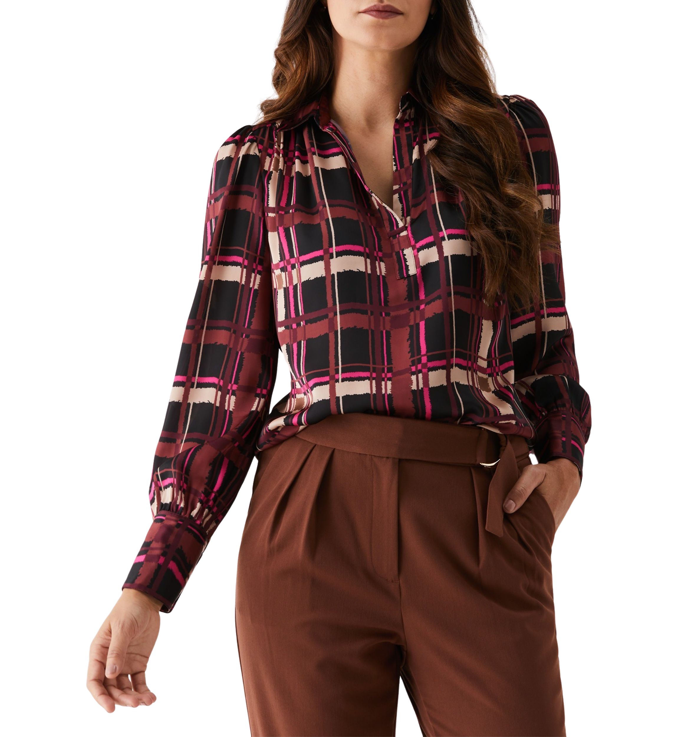 Womens Plaid Shirred Split Neck Long Sleeve Blouse