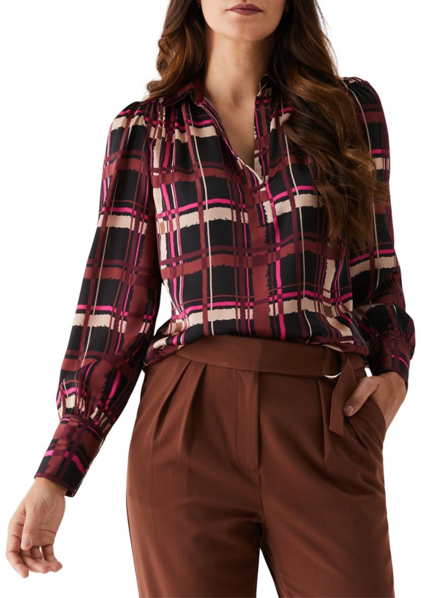 Womens Plaid Shirred Split Neck Long Sleeve Blouse