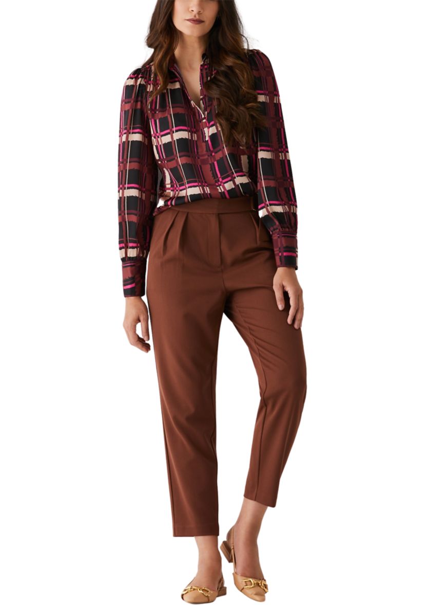 Womens Plaid Shirred Split Neck Long Sleeve Blouse