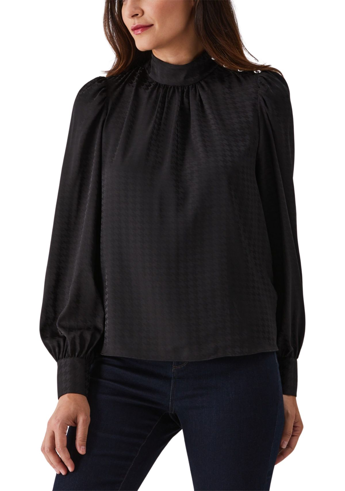 Womens Houndstooth Button Shoulder Mock Neck Long Sleeve Blouse