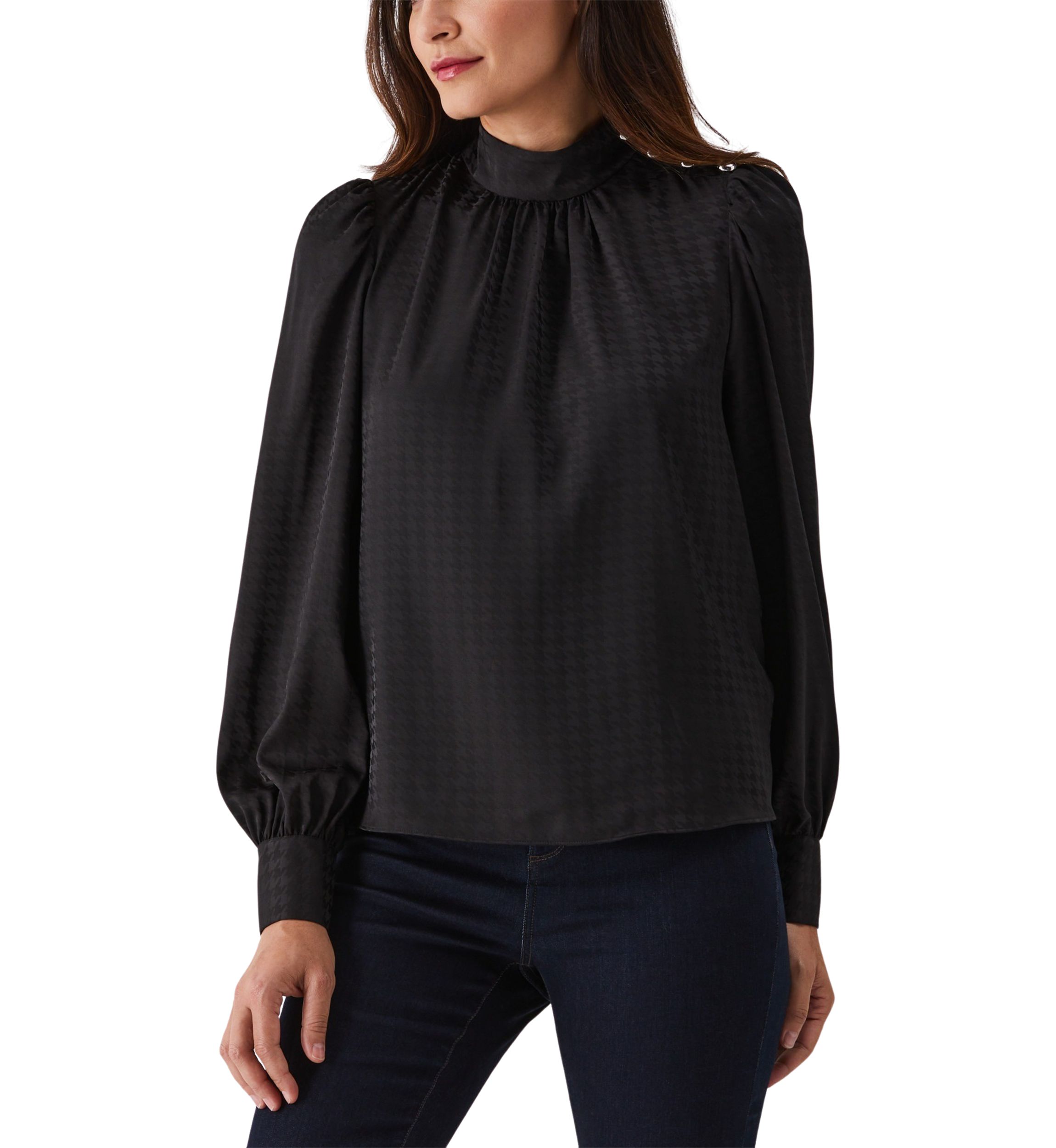 Womens Houndstooth Button Shoulder Mock Neck Long Sleeve Blouse