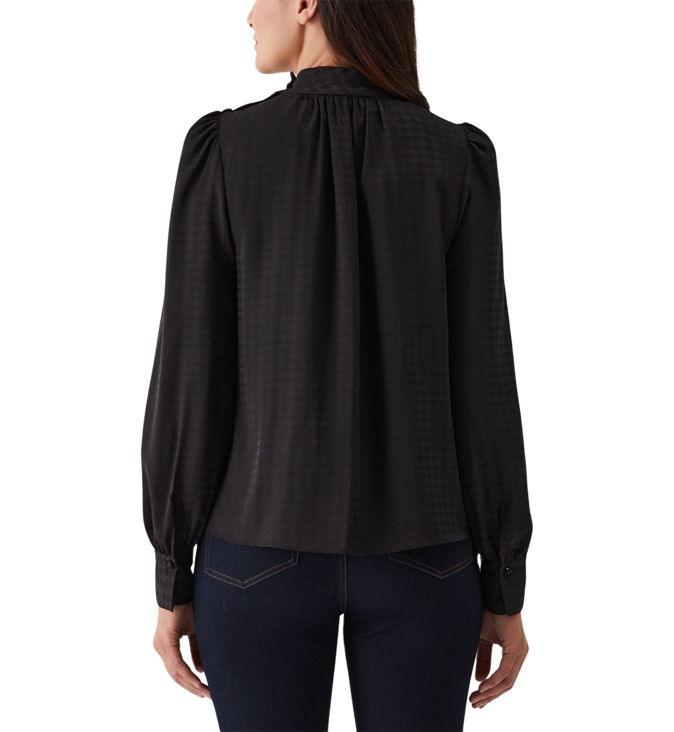 Womens Houndstooth Button Shoulder Mock Neck Long Sleeve Blouse