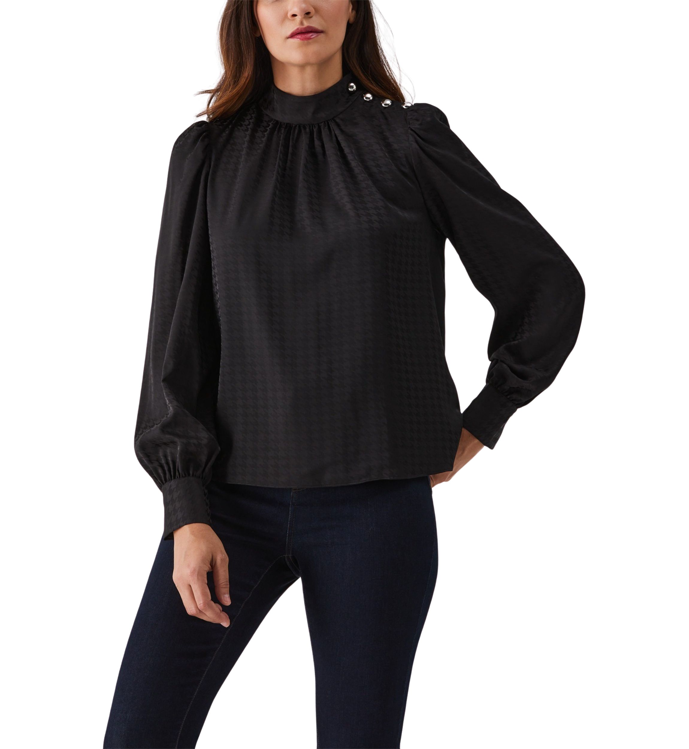 Womens Houndstooth Button Shoulder Mock Neck Long Sleeve Blouse