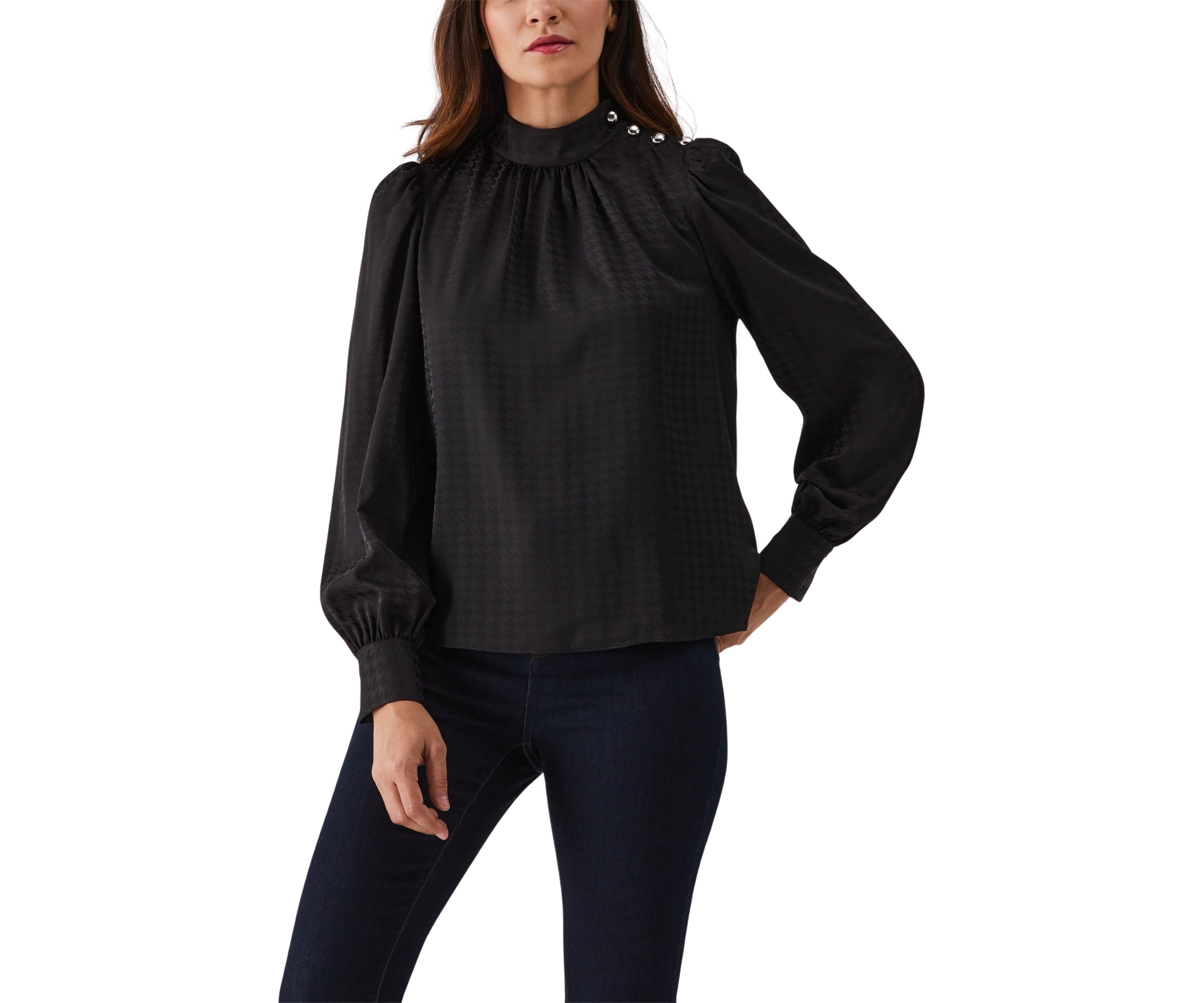 Womens Houndstooth Button Shoulder Mock Neck Long Sleeve Blouse