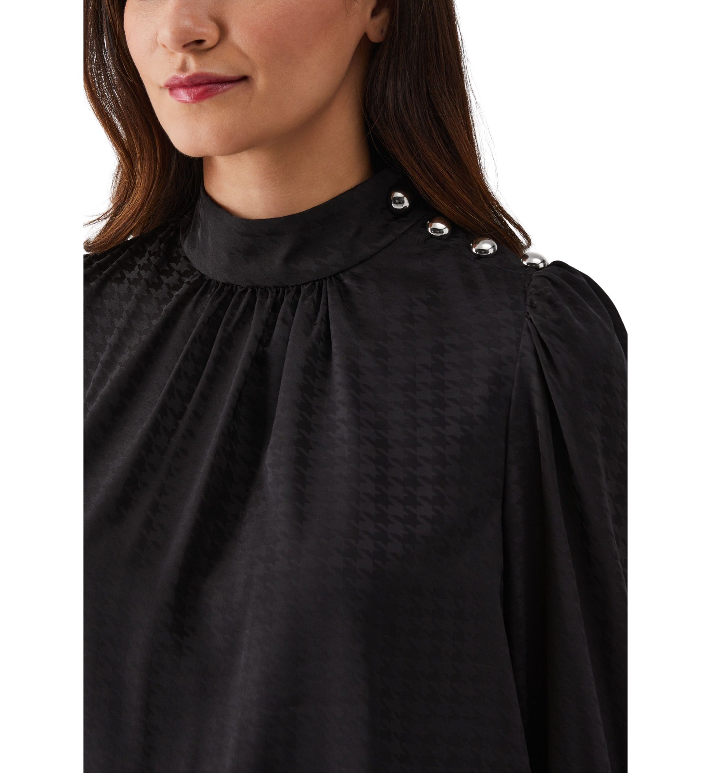 Womens Houndstooth Button Shoulder Mock Neck Long Sleeve Blouse