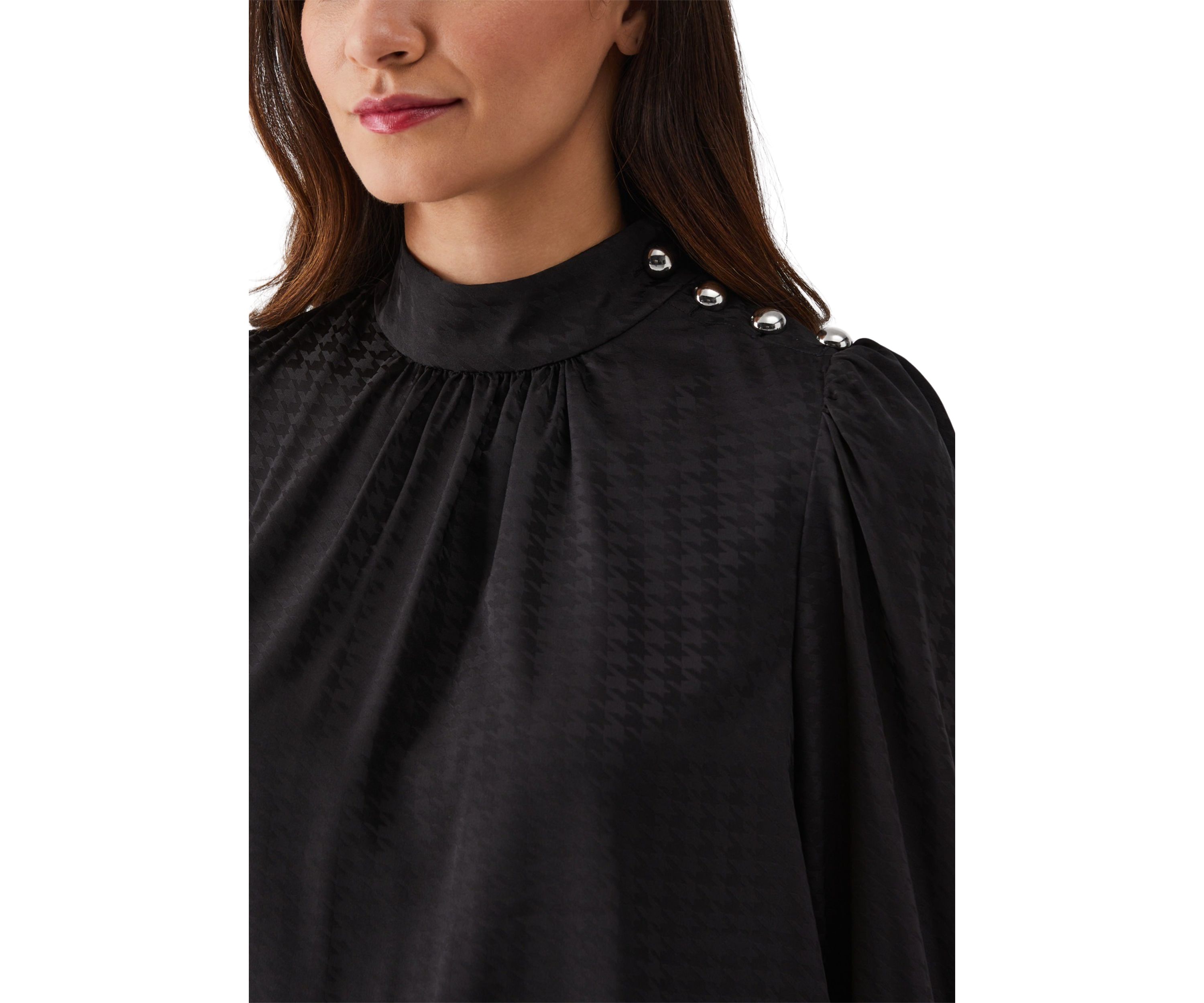 Womens Houndstooth Button Shoulder Mock Neck Long Sleeve Blouse