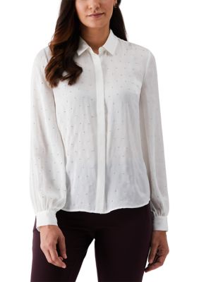 ELLA Rafaella Women's Embellished Long Sleeve Blouse, White, Small