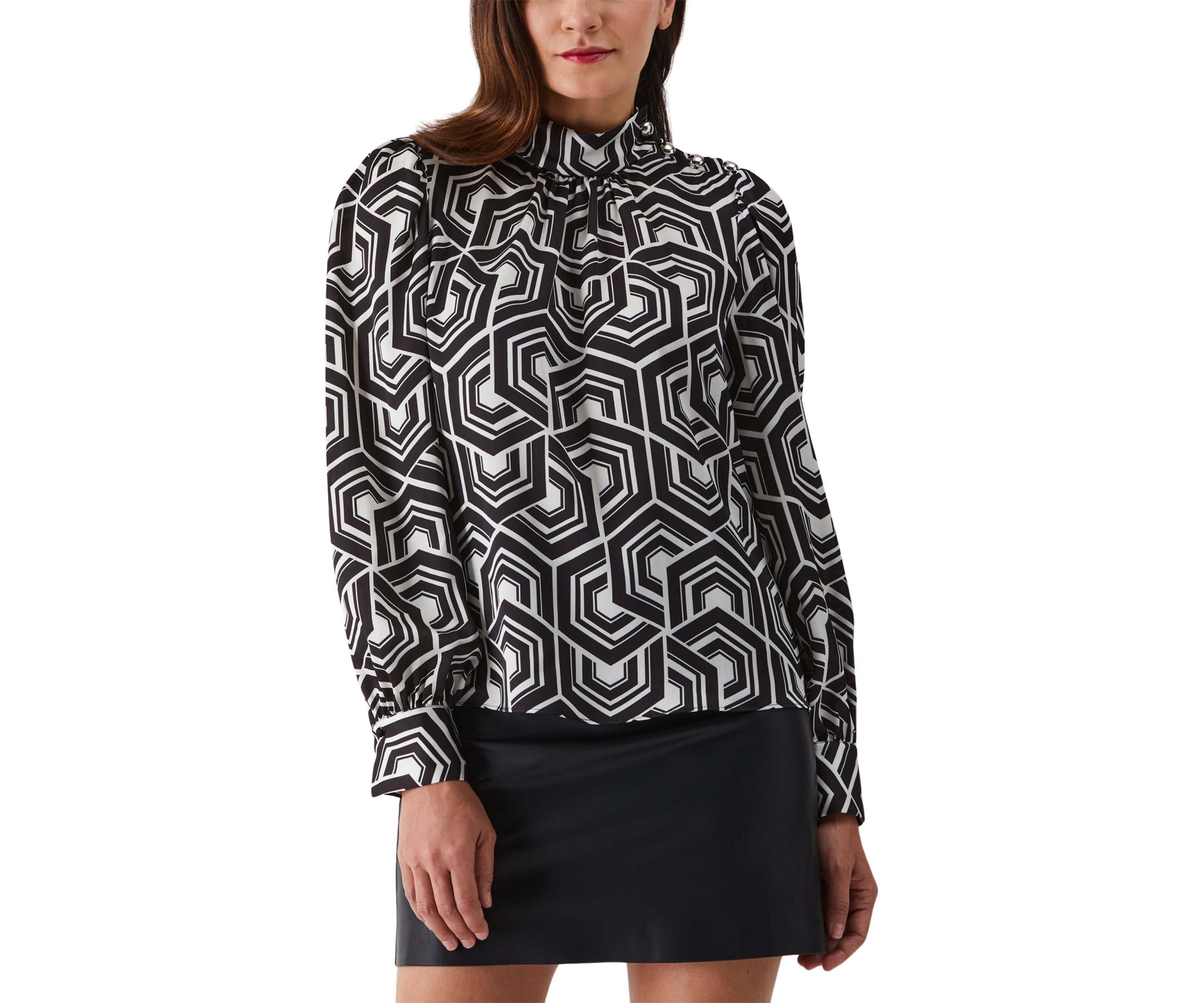 Womens Large Geometric Maze Print Shoulder Button Mock Neck Long Sleeve Blouse