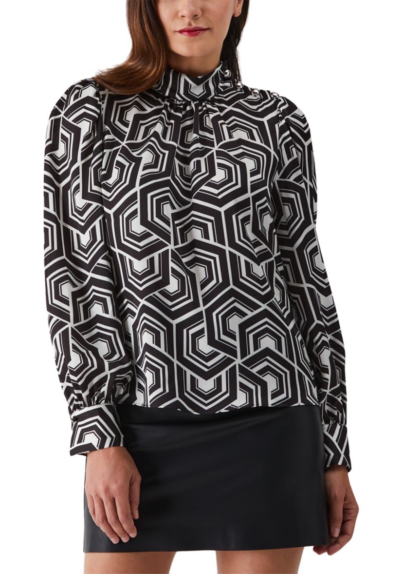 Womens Large Geometric Maze Print Shoulder Button Mock Neck Long Sleeve Blouse