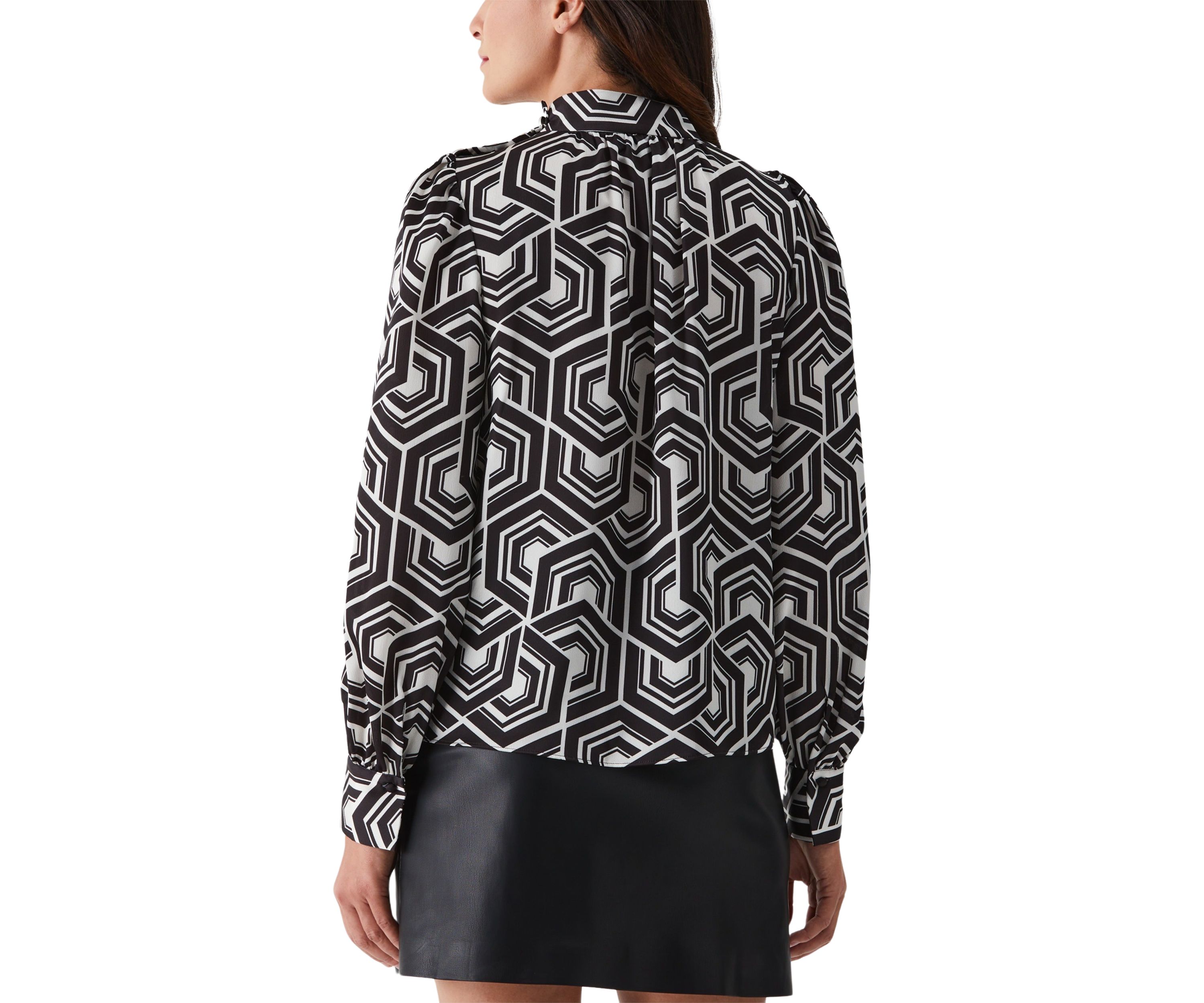 Womens Large Geometric Maze Print Shoulder Button Mock Neck Long Sleeve Blouse